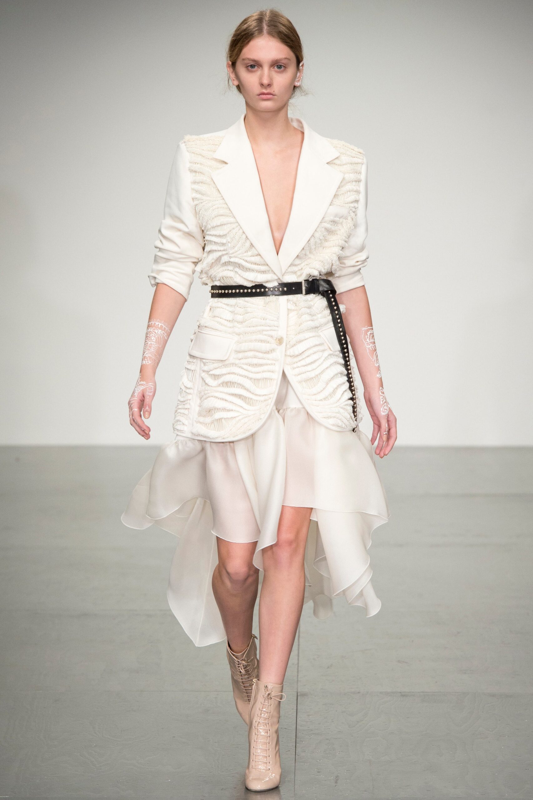 white tailored blazer and dress