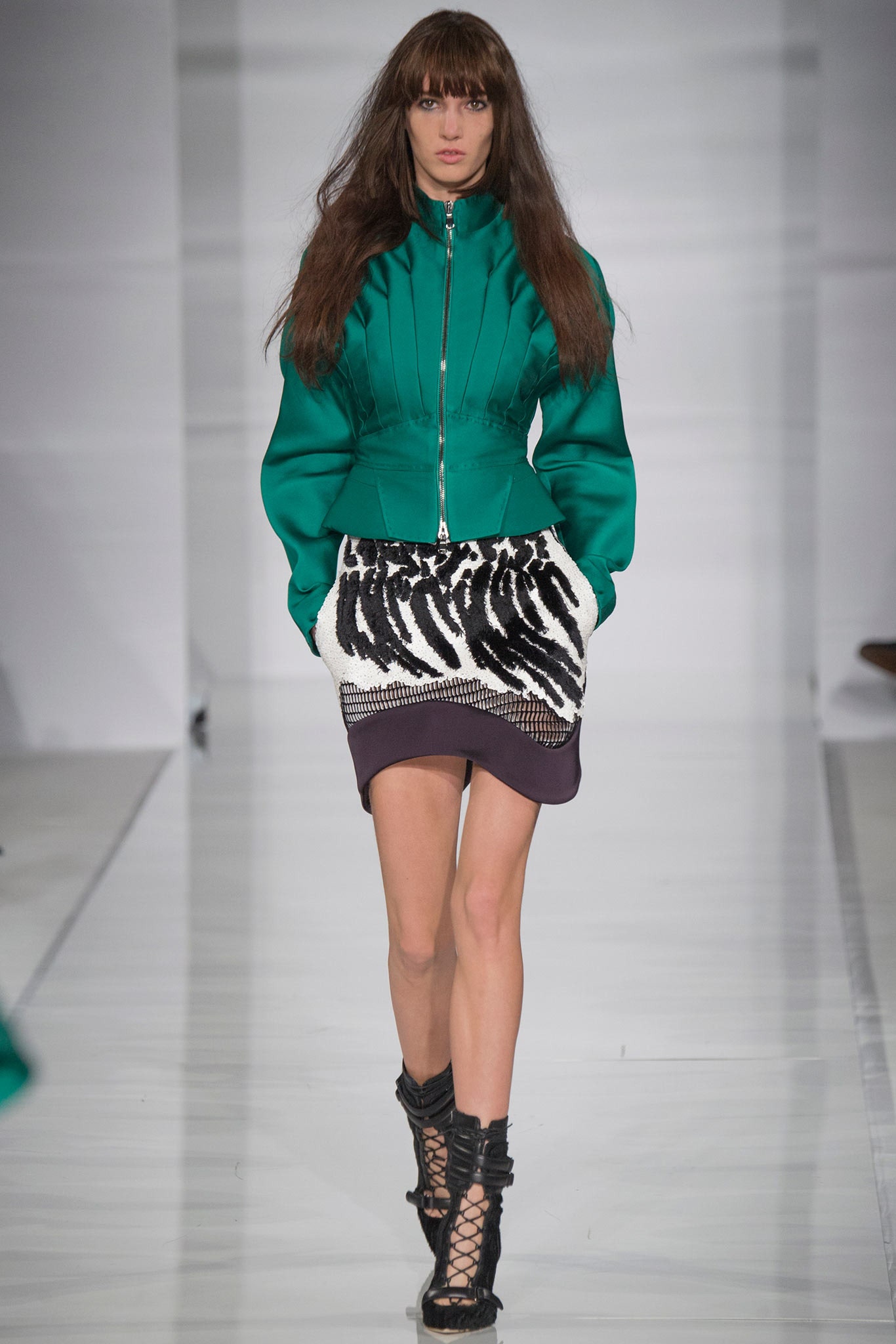 green fitted jacket with tiered skirt