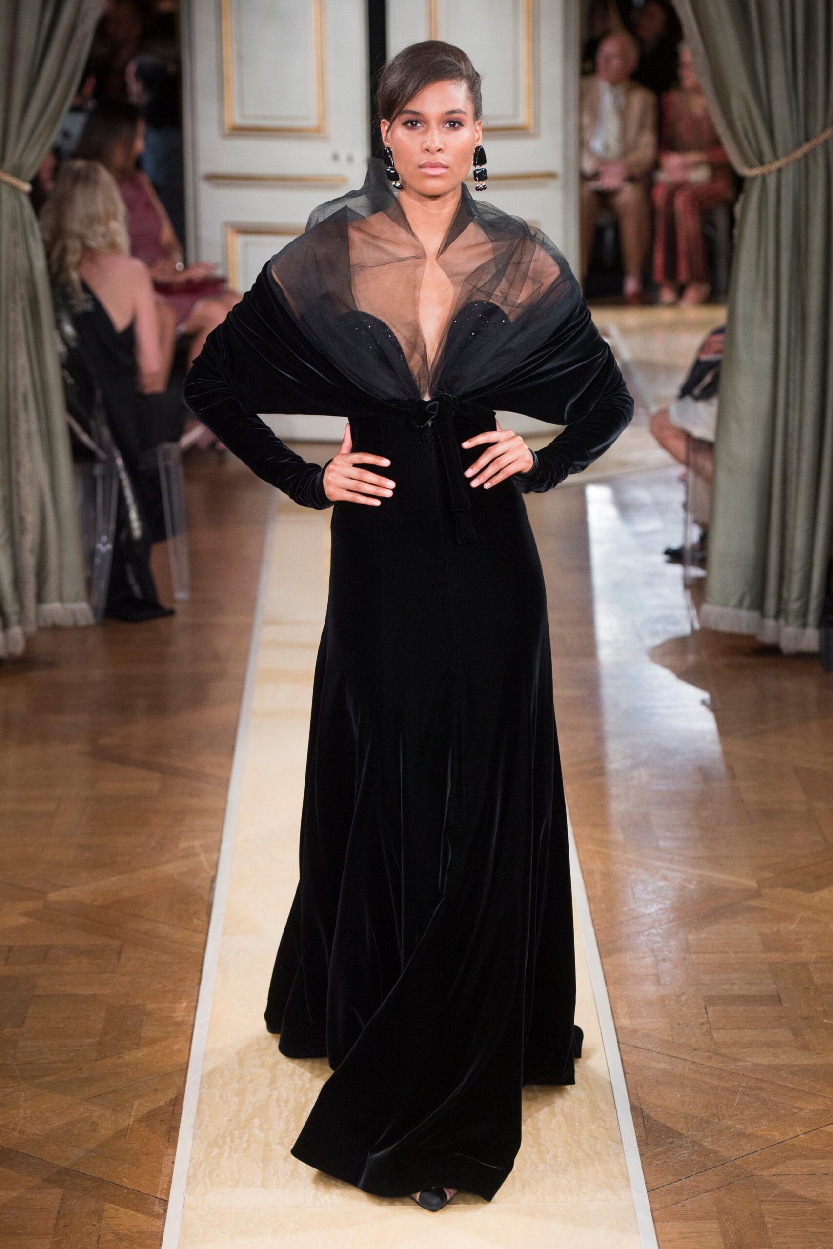 black velvet gown with tulle cape