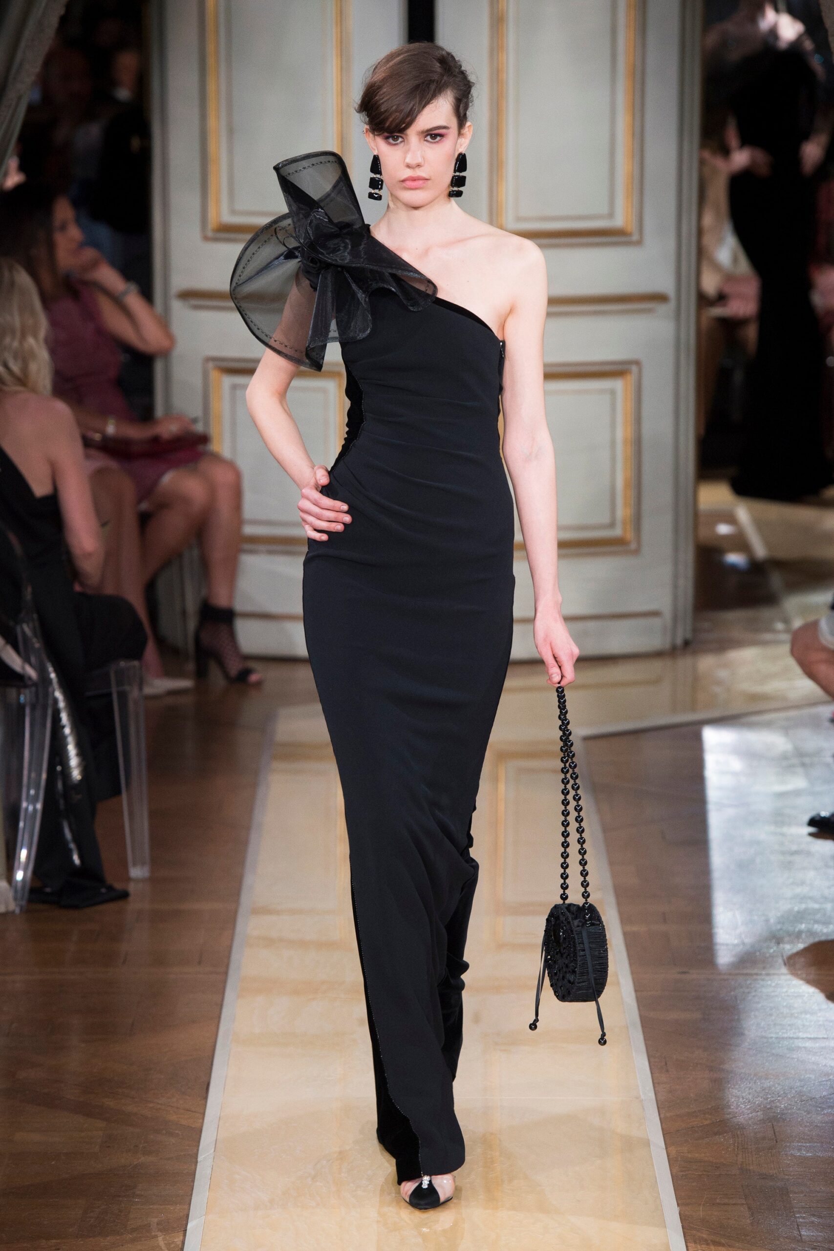 black silk off-shoulder gown