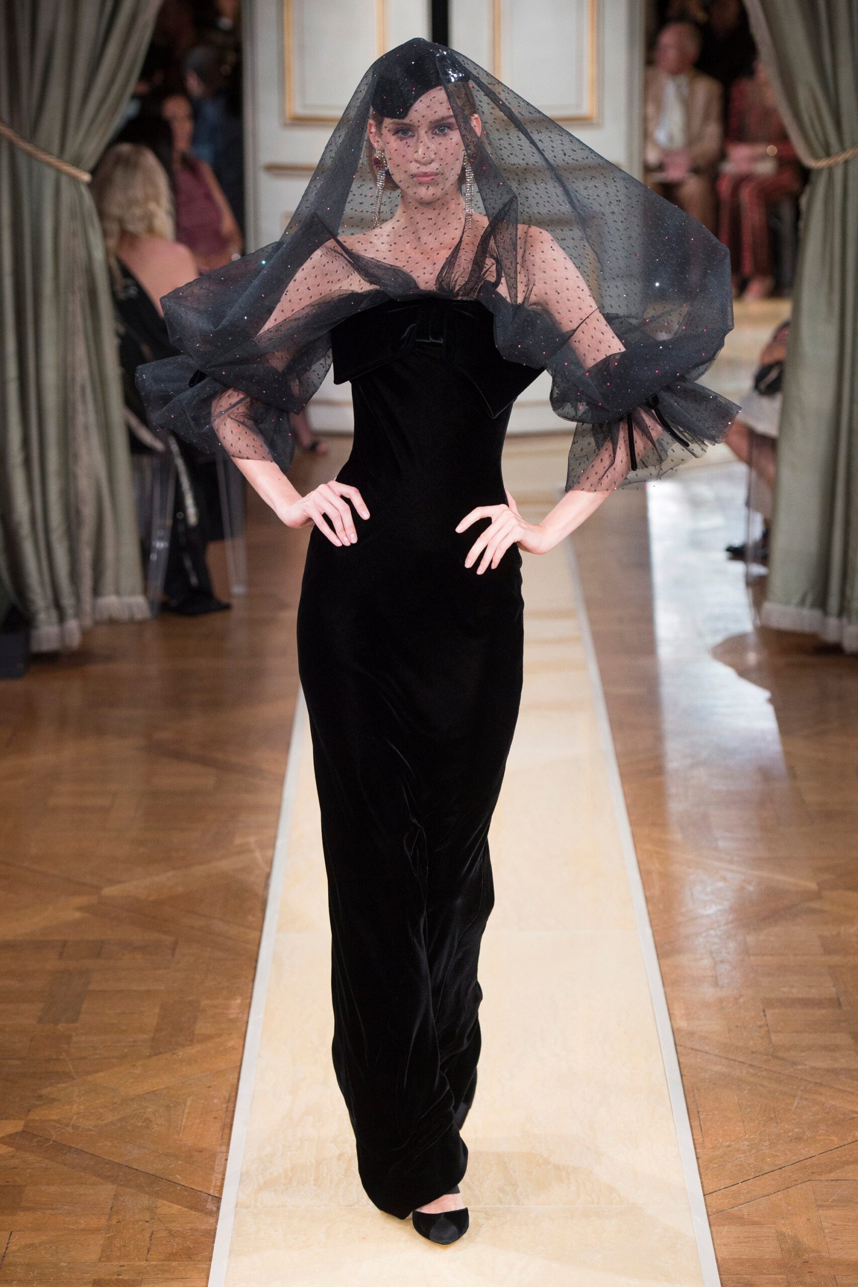 black velvet fitted gown with veil