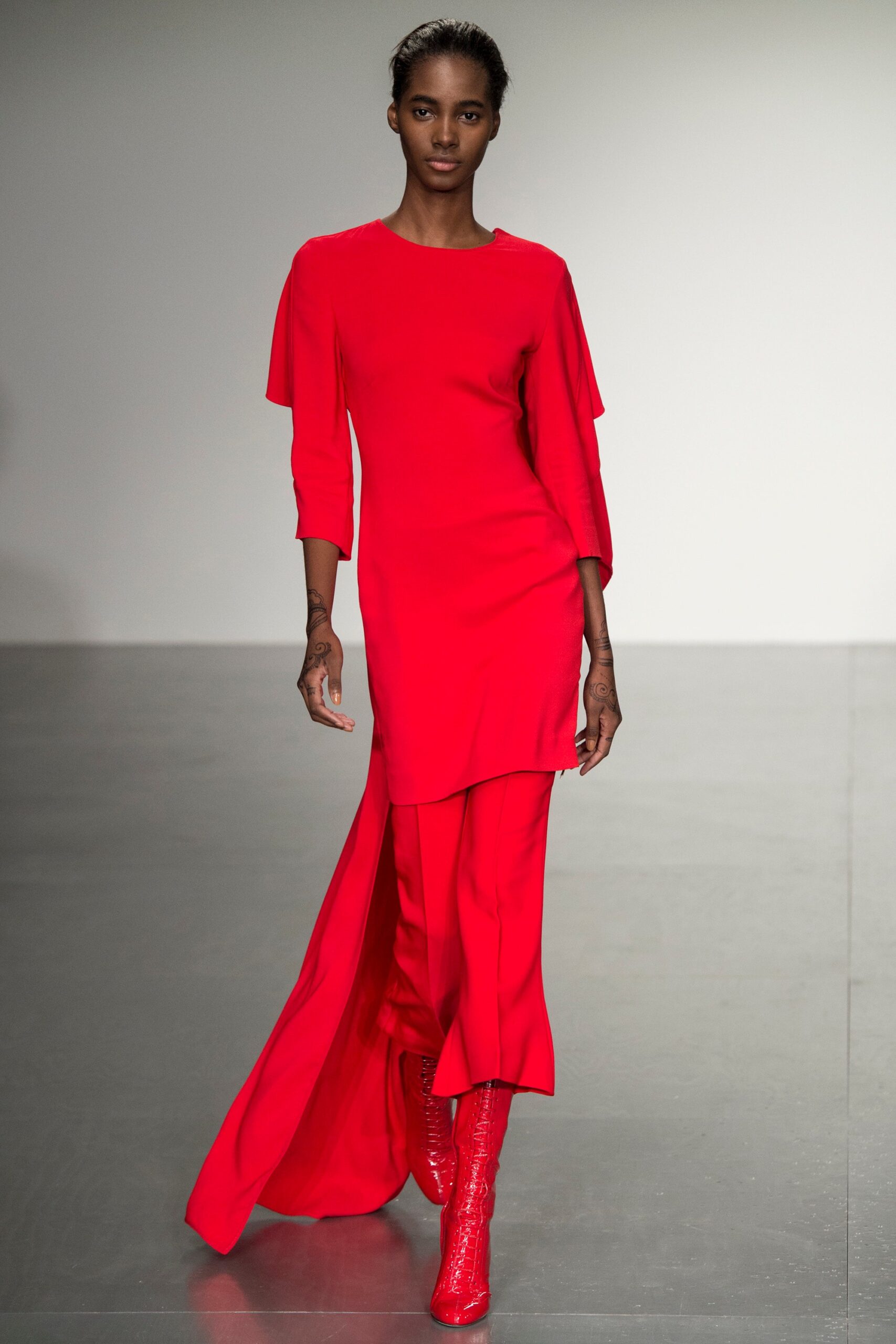 red silk long-sleeve high-neck fitted draped midi dress