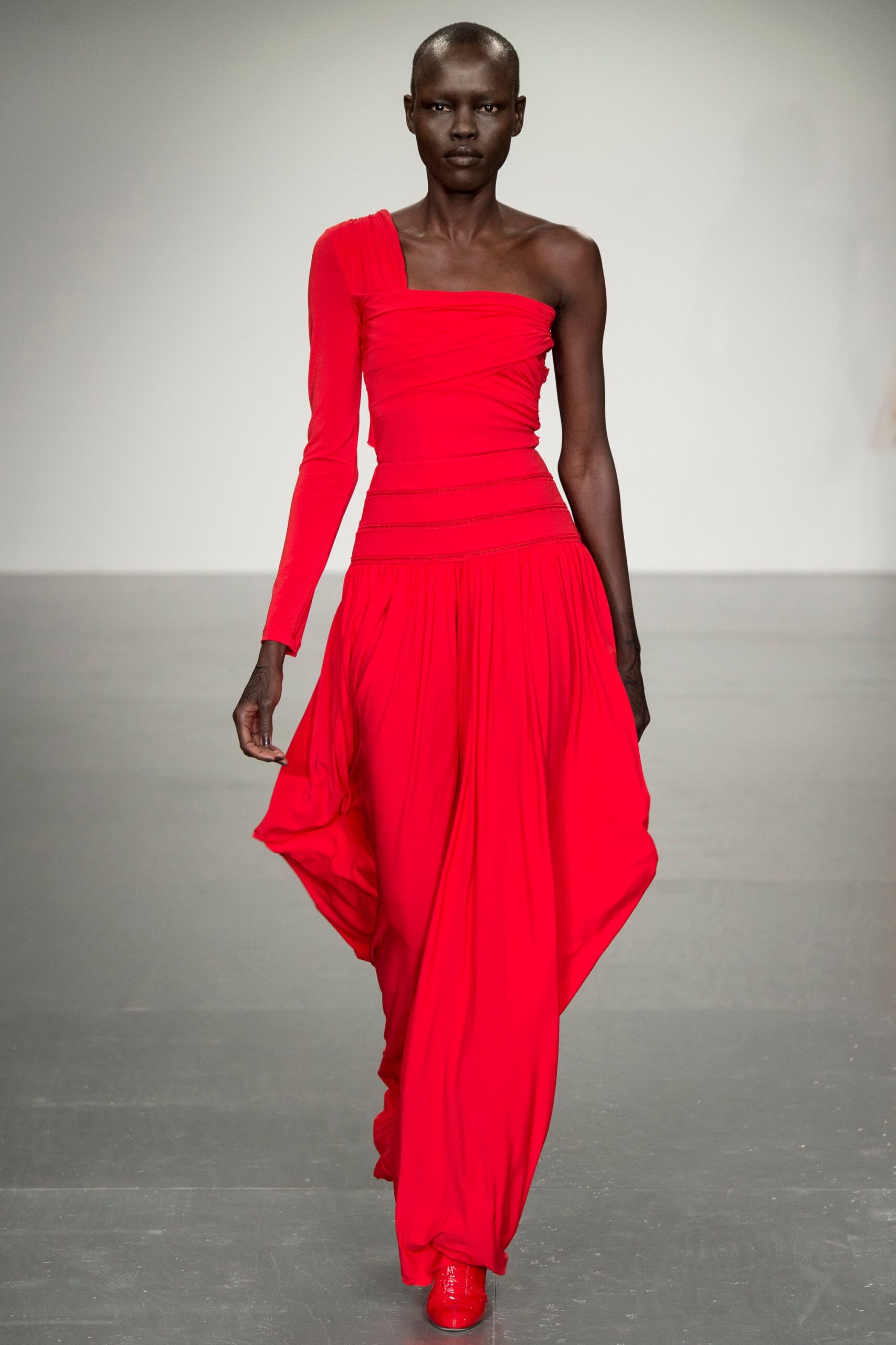 fitted red silk off-shoulder dress