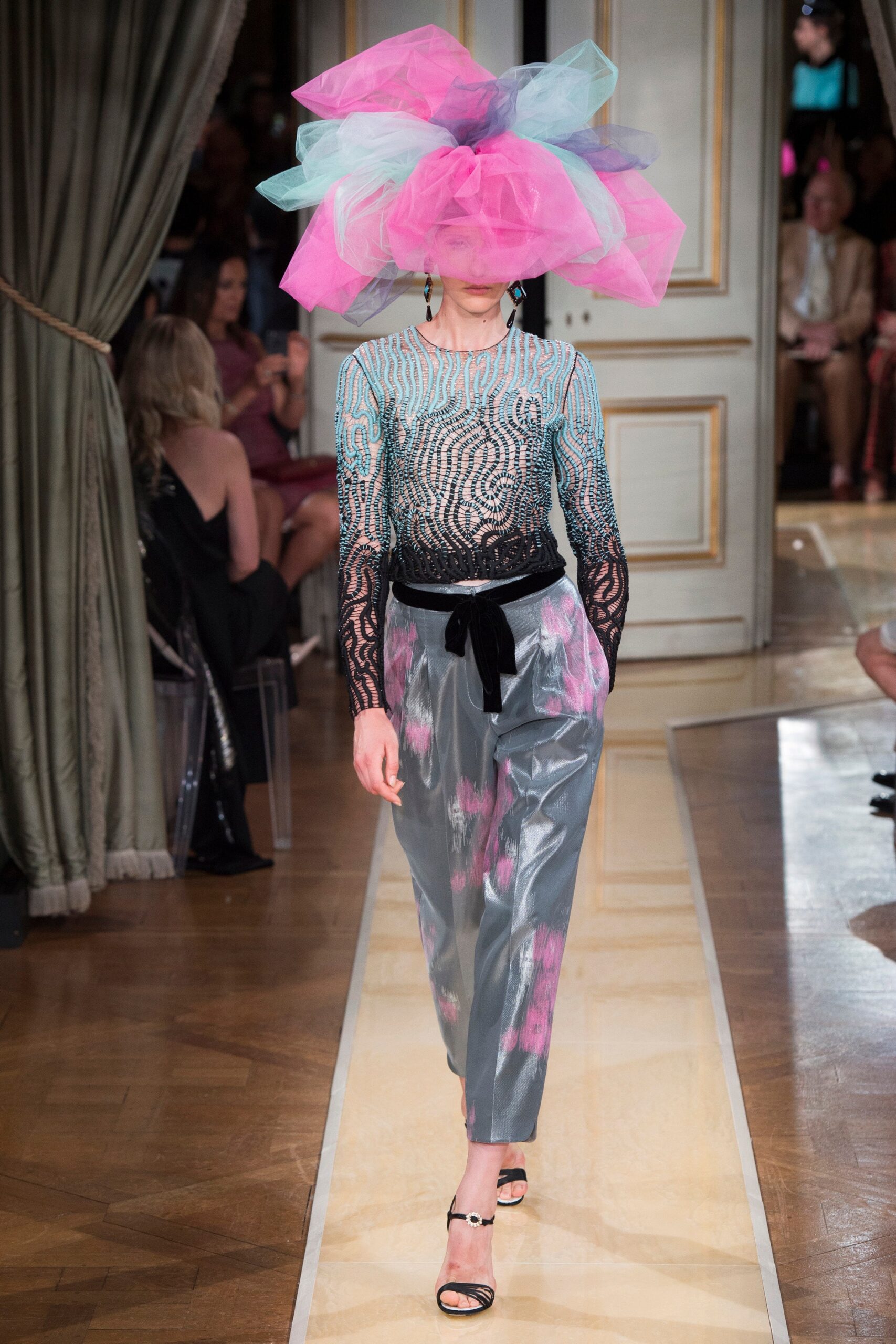 fitted lace top with vinyl pants