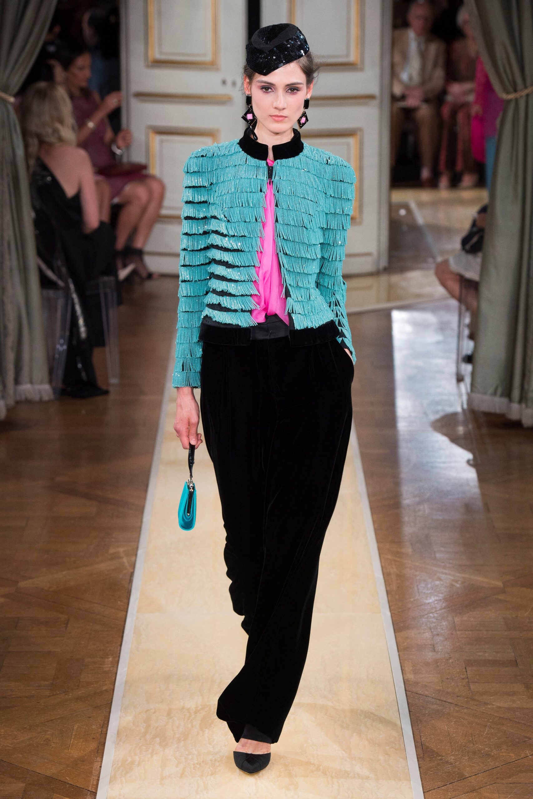 blue fringed jacket with pink top