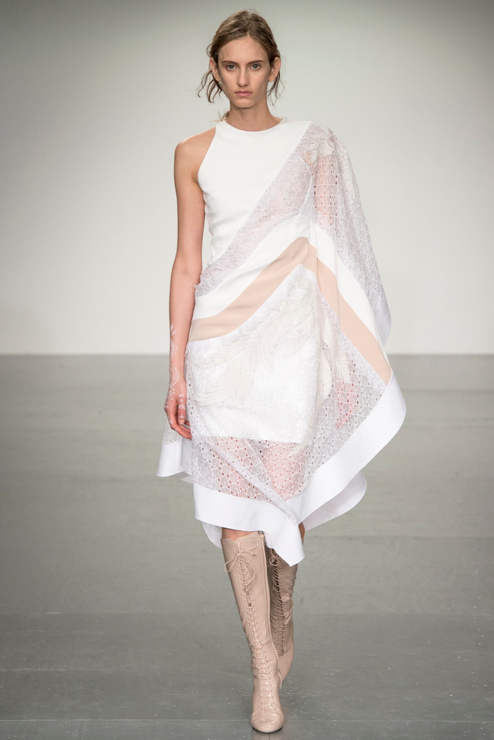 white draped midi dress with beige boots