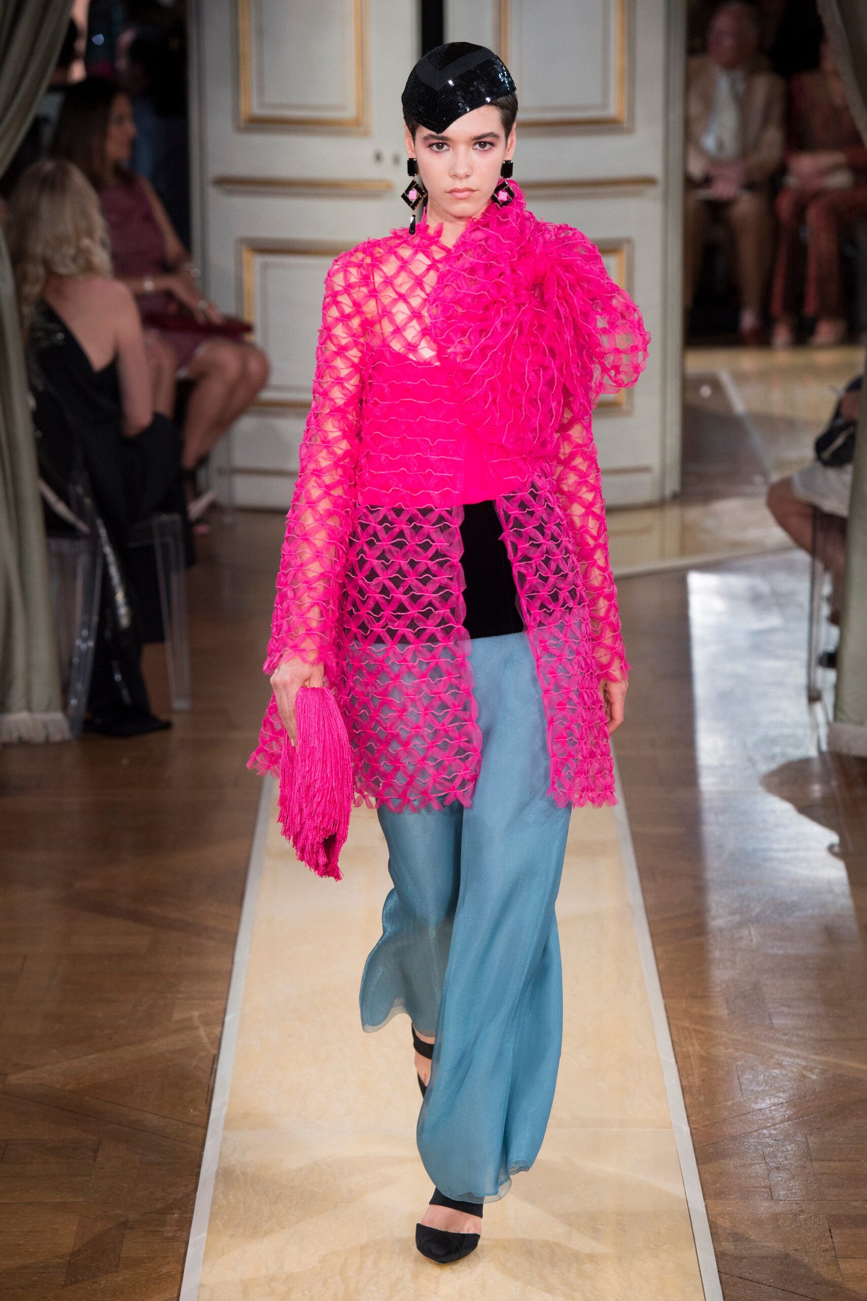 pink oversized jacket with black top