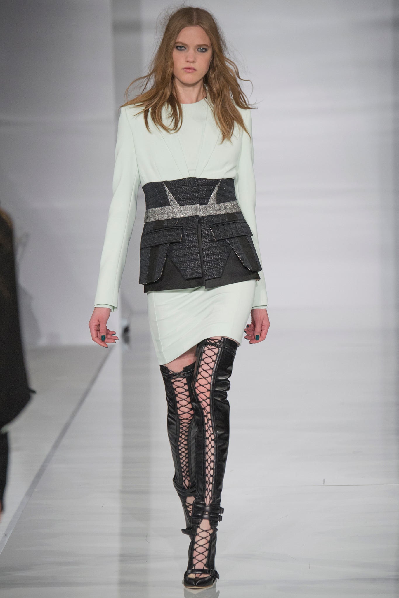 white fitted mini dress with black boots