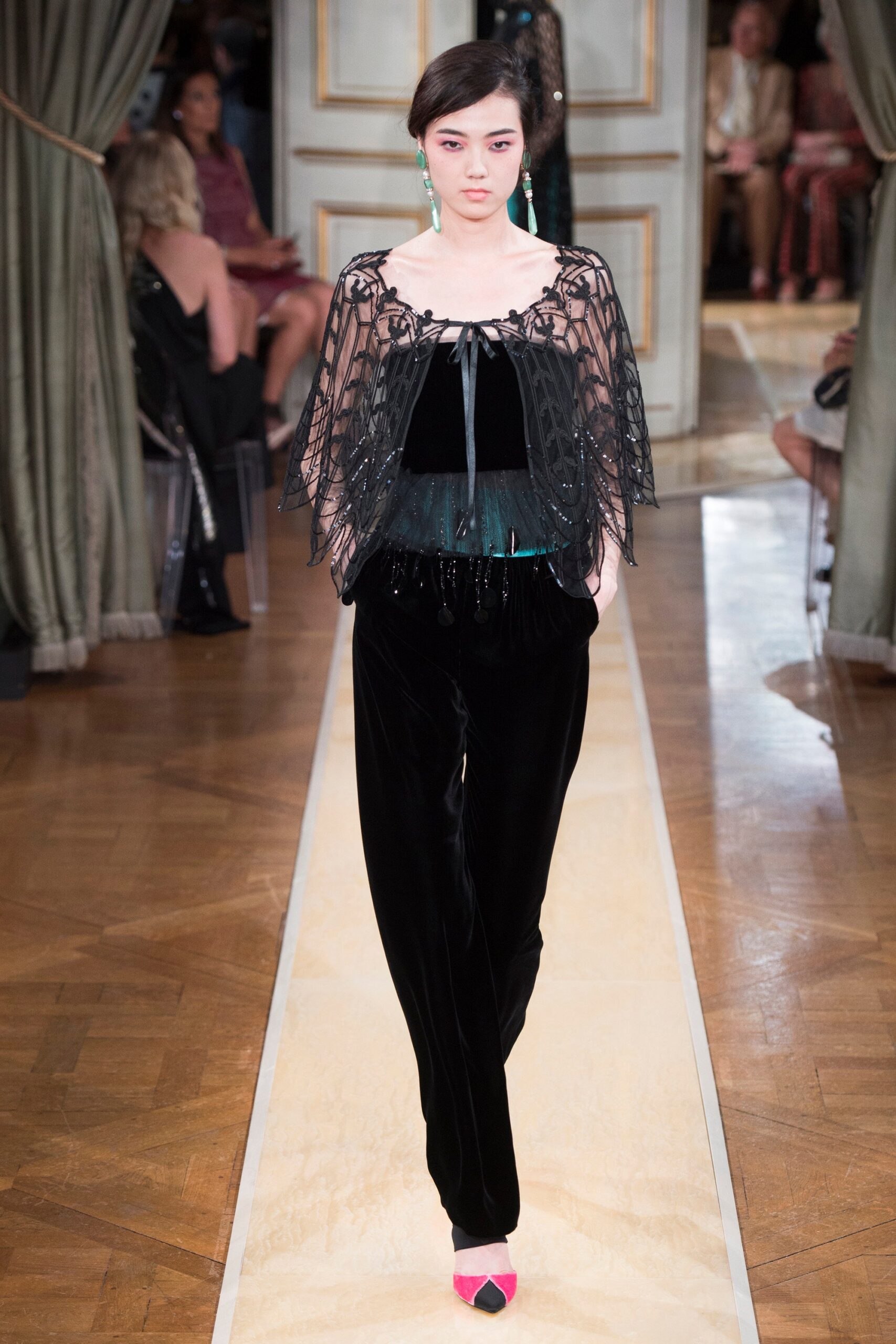 black lace cape and velvet pants