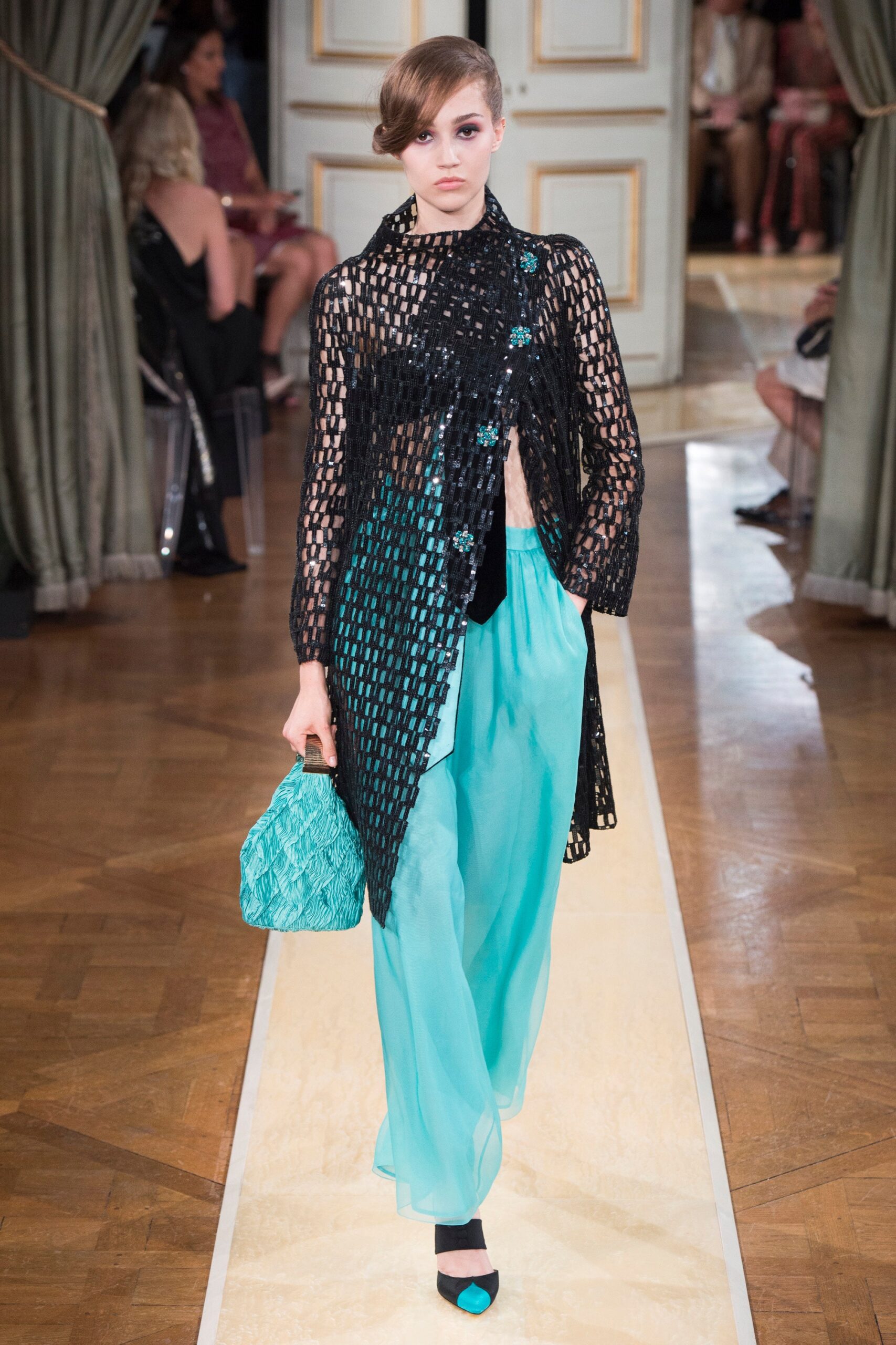 black mesh blouse teal wide-leg pants