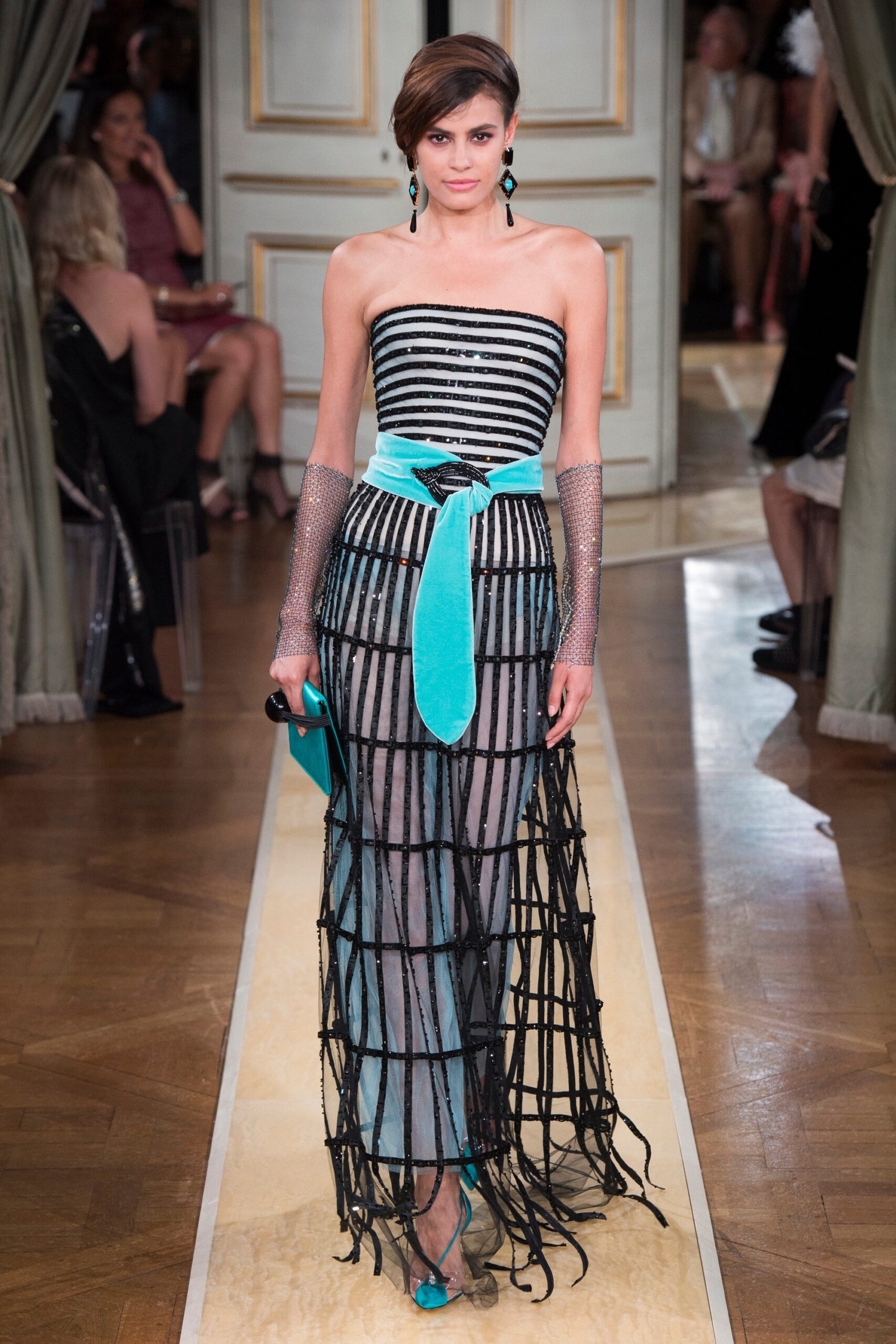 black and white striped gown