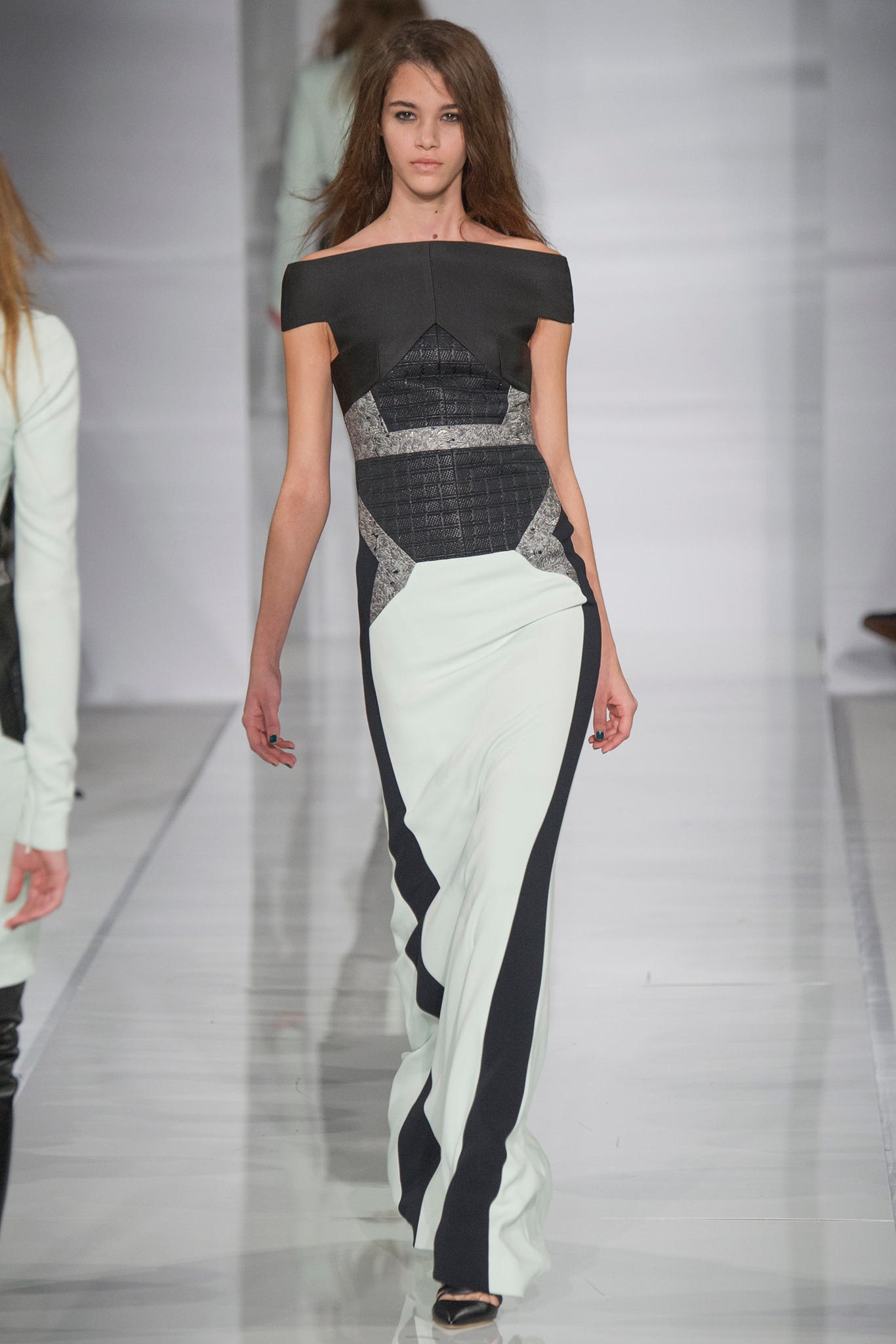 black and mint off-shoulder gown
