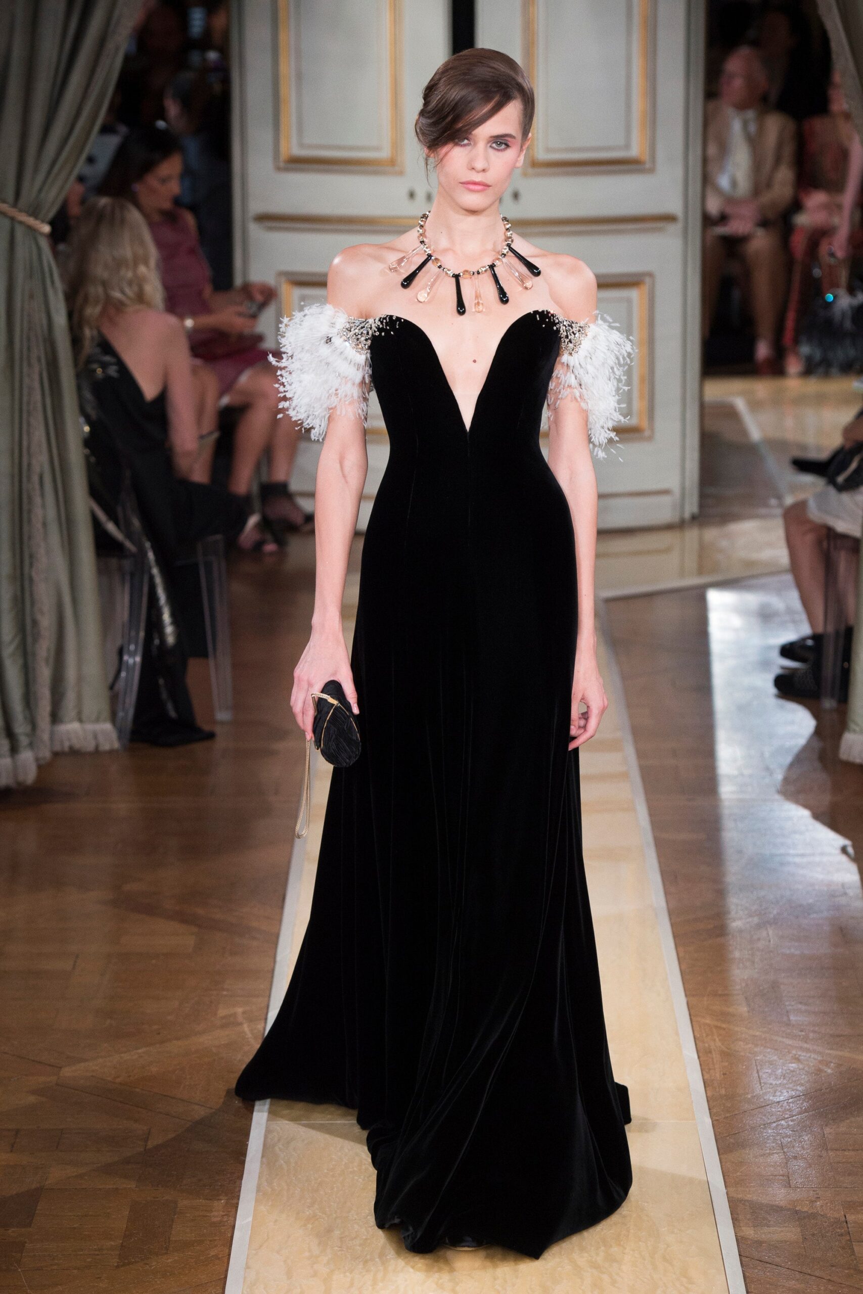 fitted black velvet gown