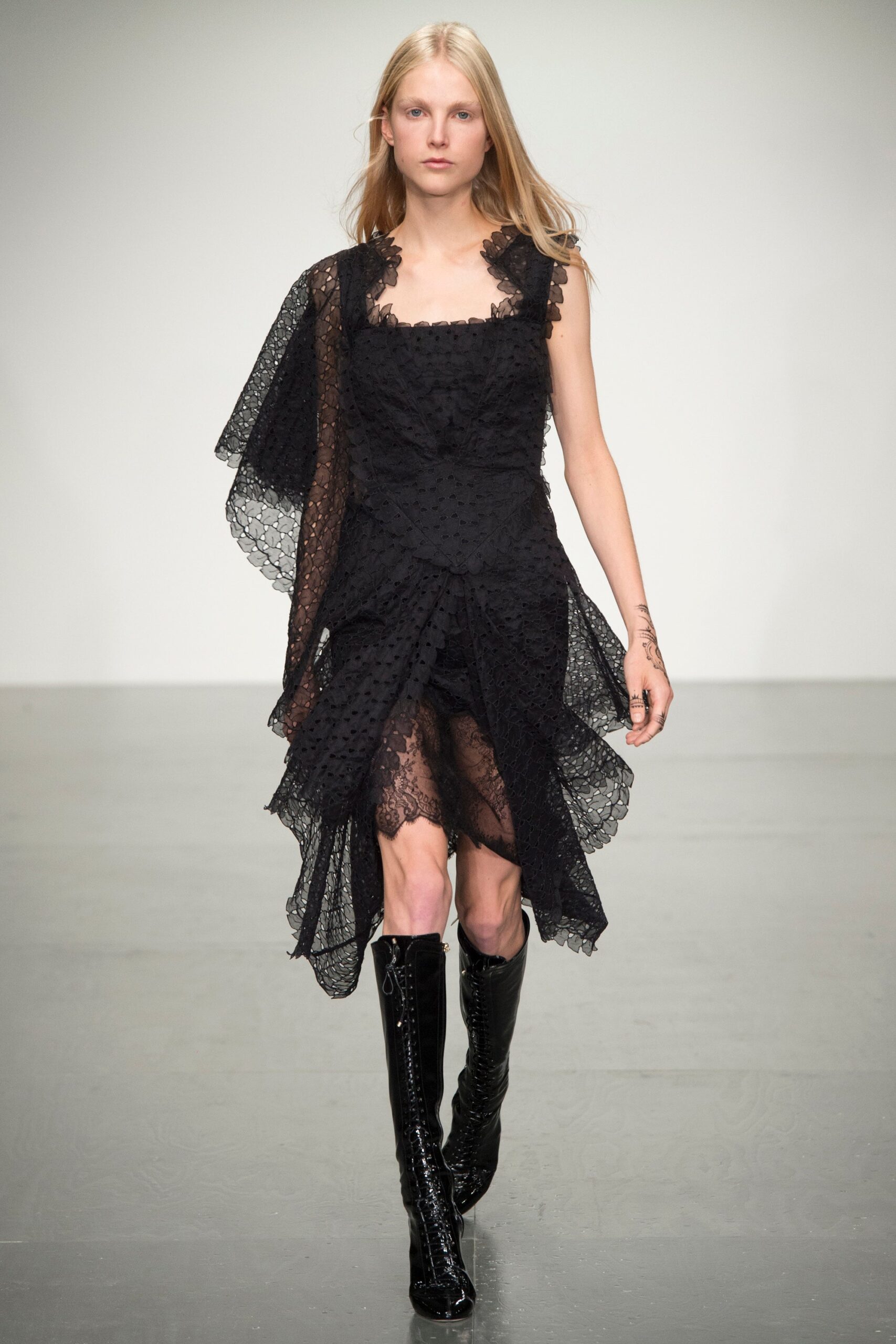 black lace midi dress and boots