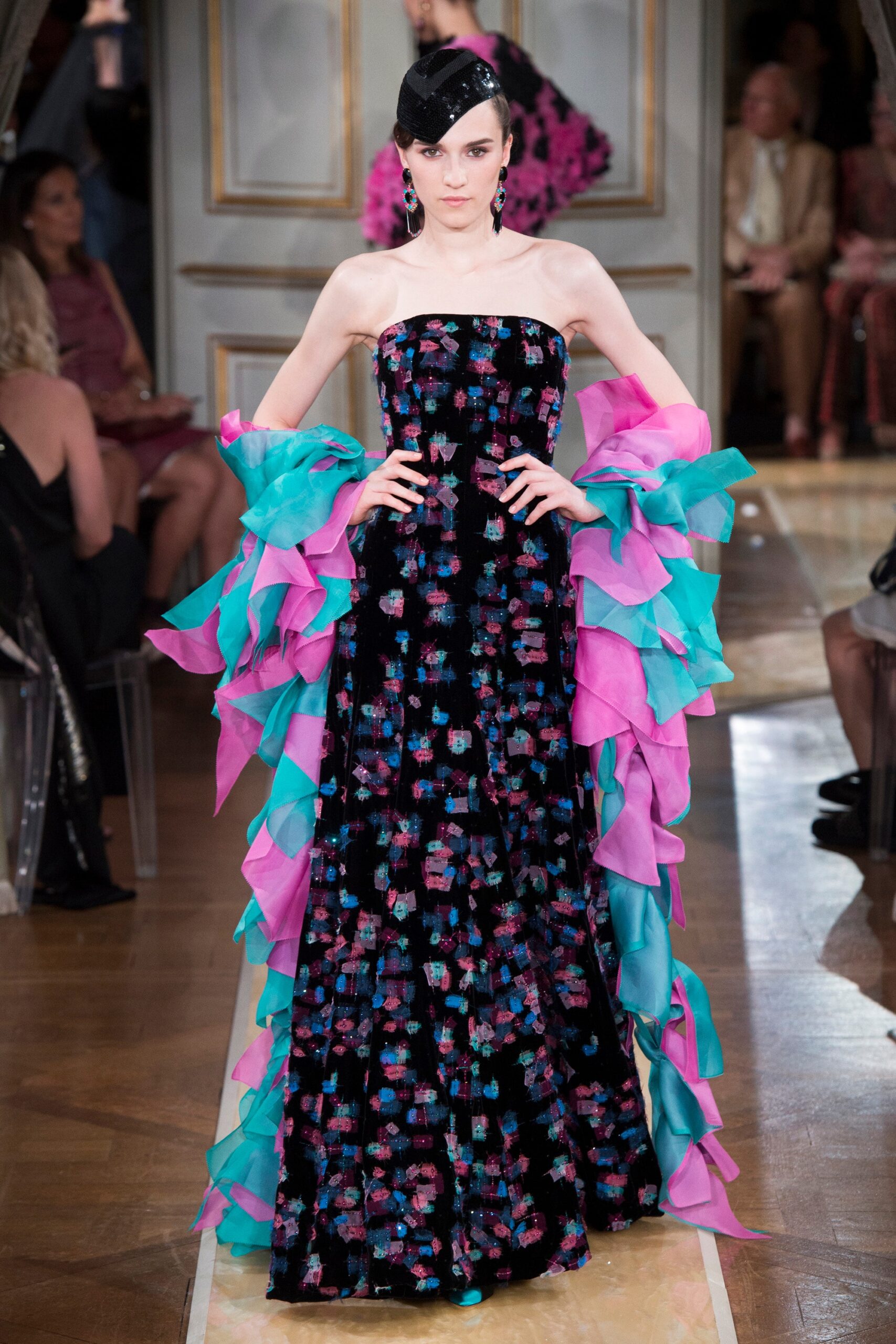 black velvet strapless gown with cape