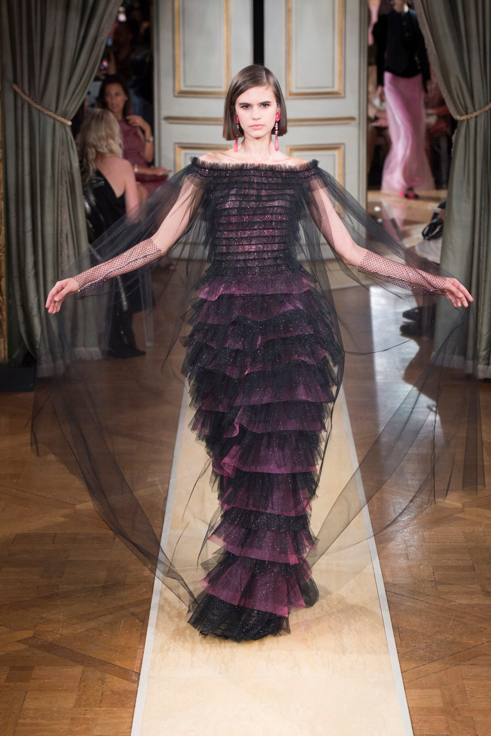 black and pink off-shoulder gown