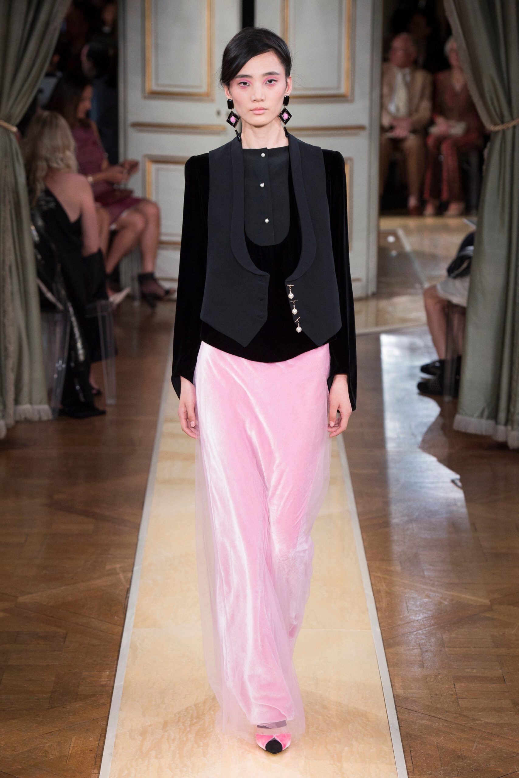 black velvet vest pink silk skirt