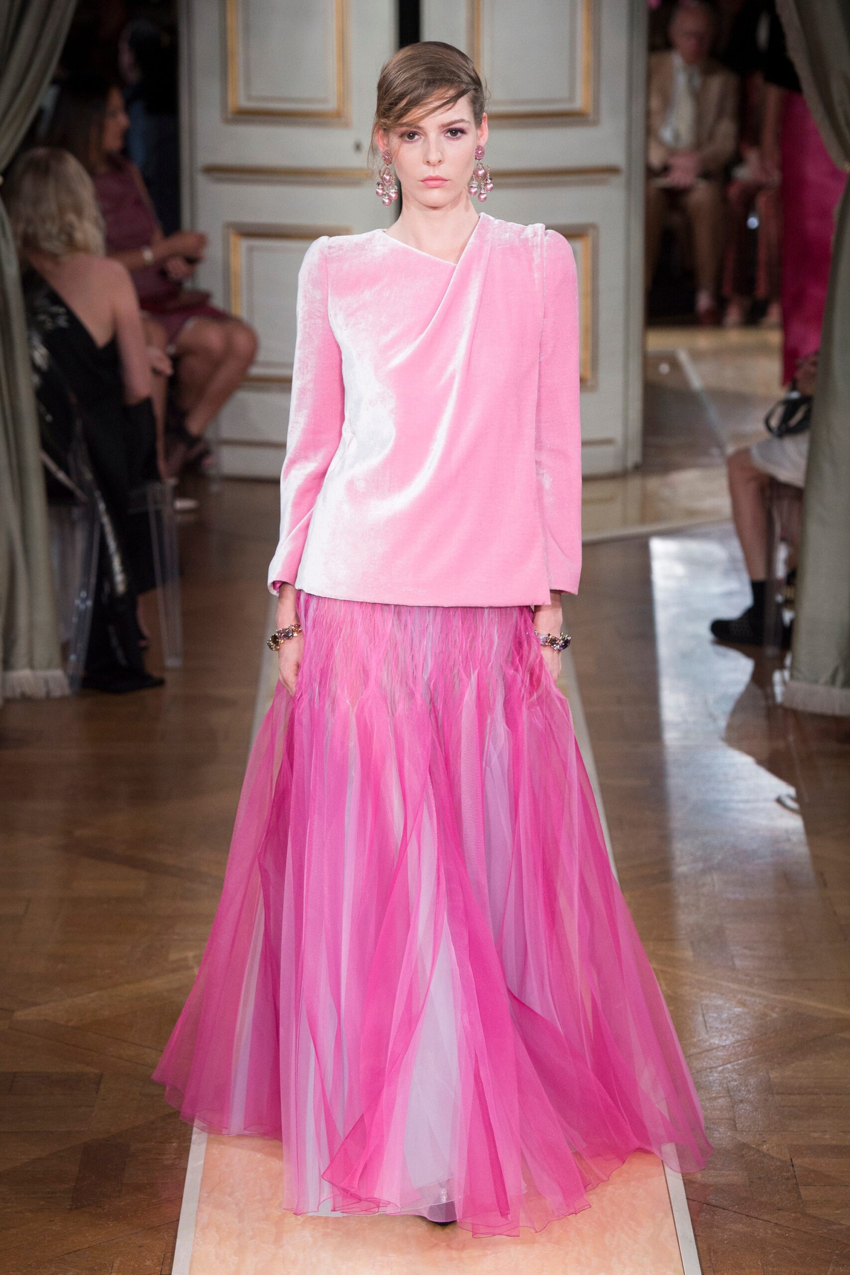 pink silk top with flowing gown