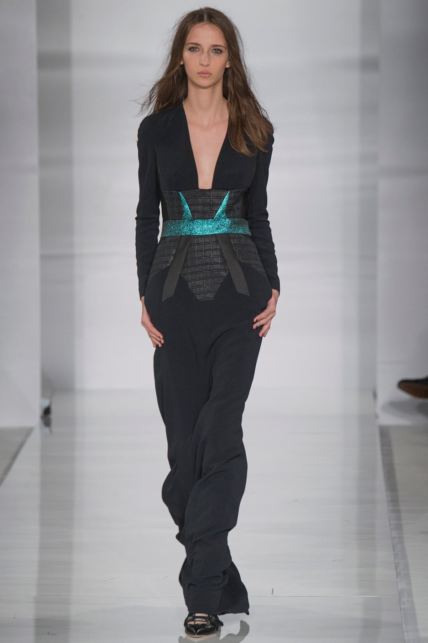black fitted jumpsuit with blue detail