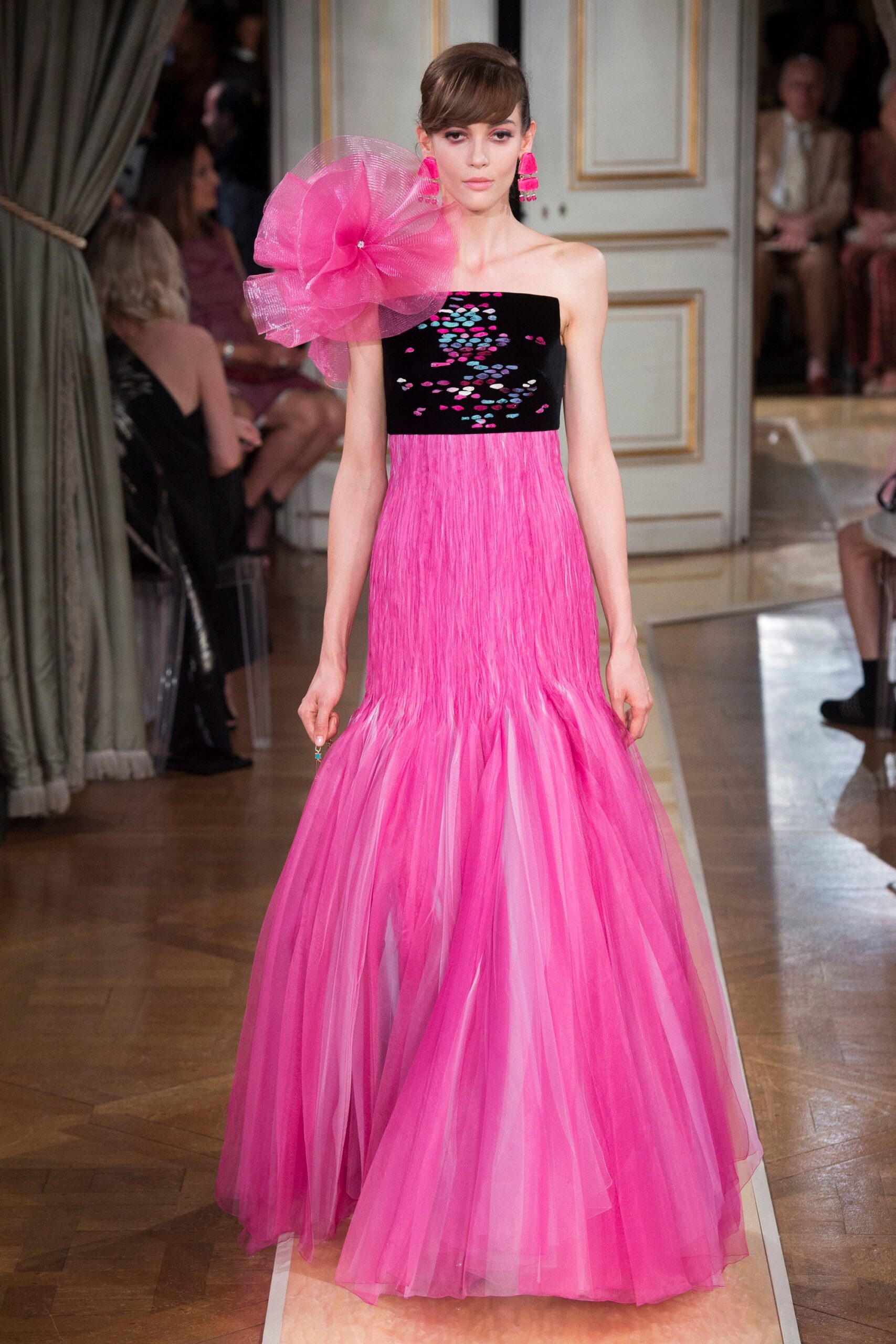 pink strapless pleated gown