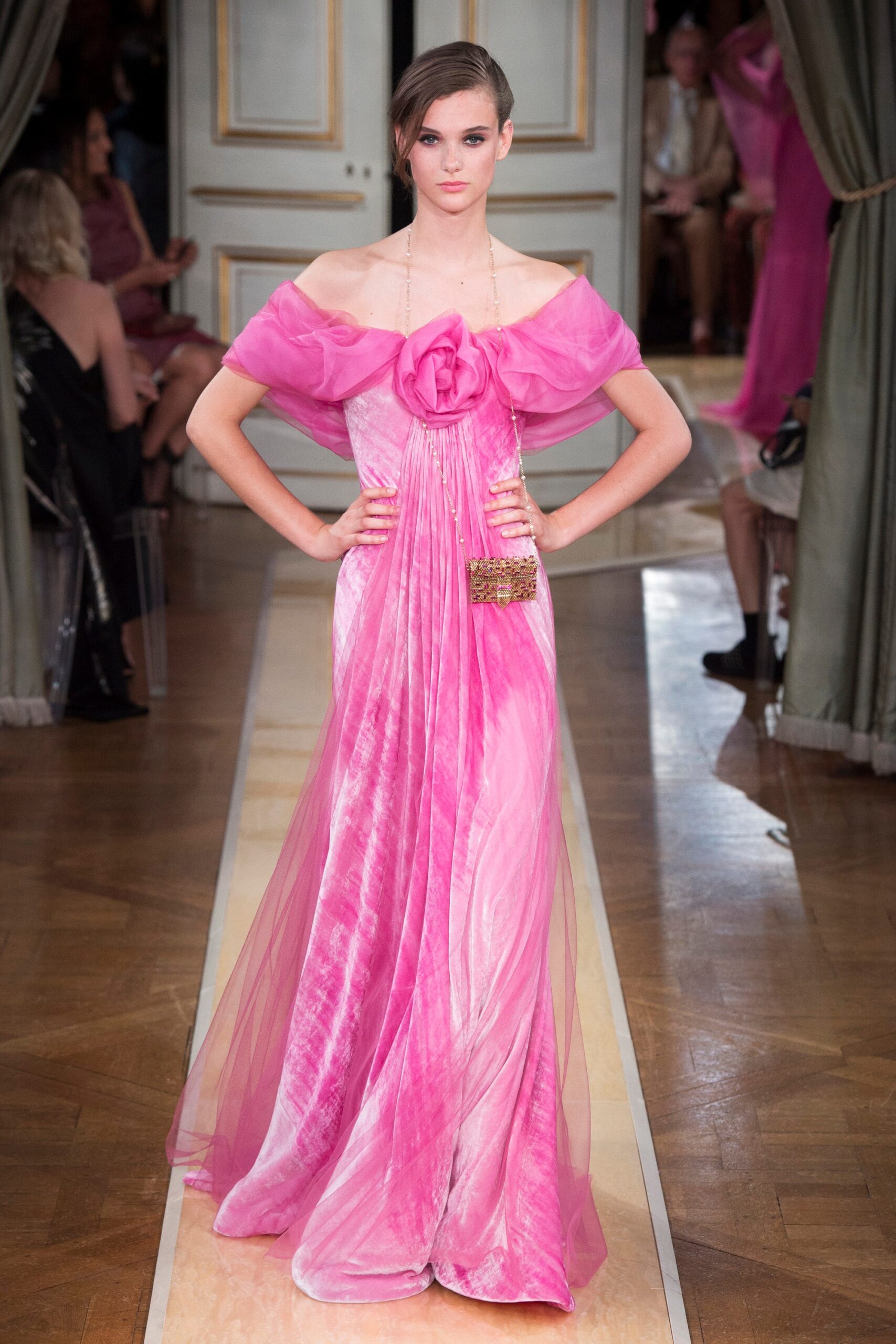 pink silk off-shoulder gown
