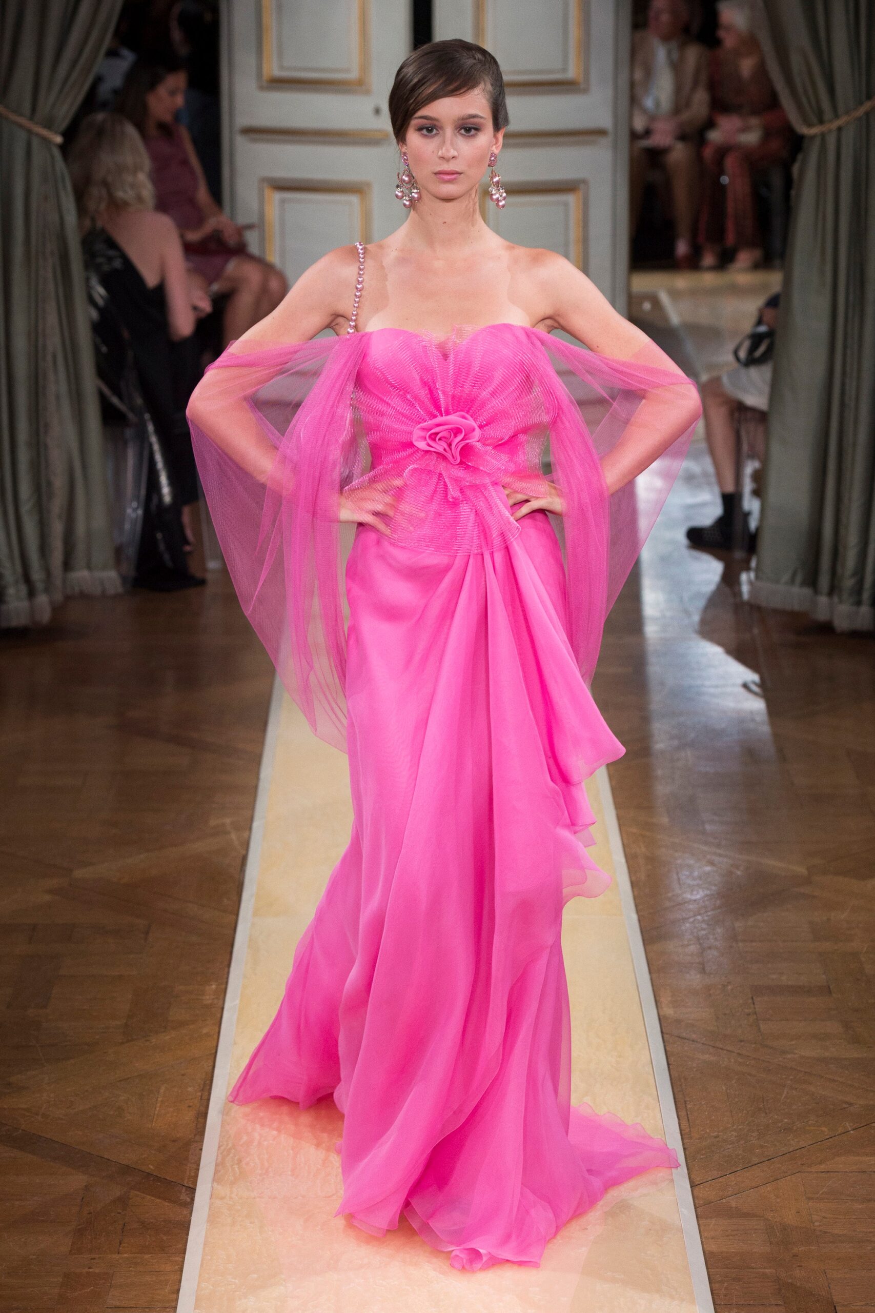 pink chiffon strapless gown
