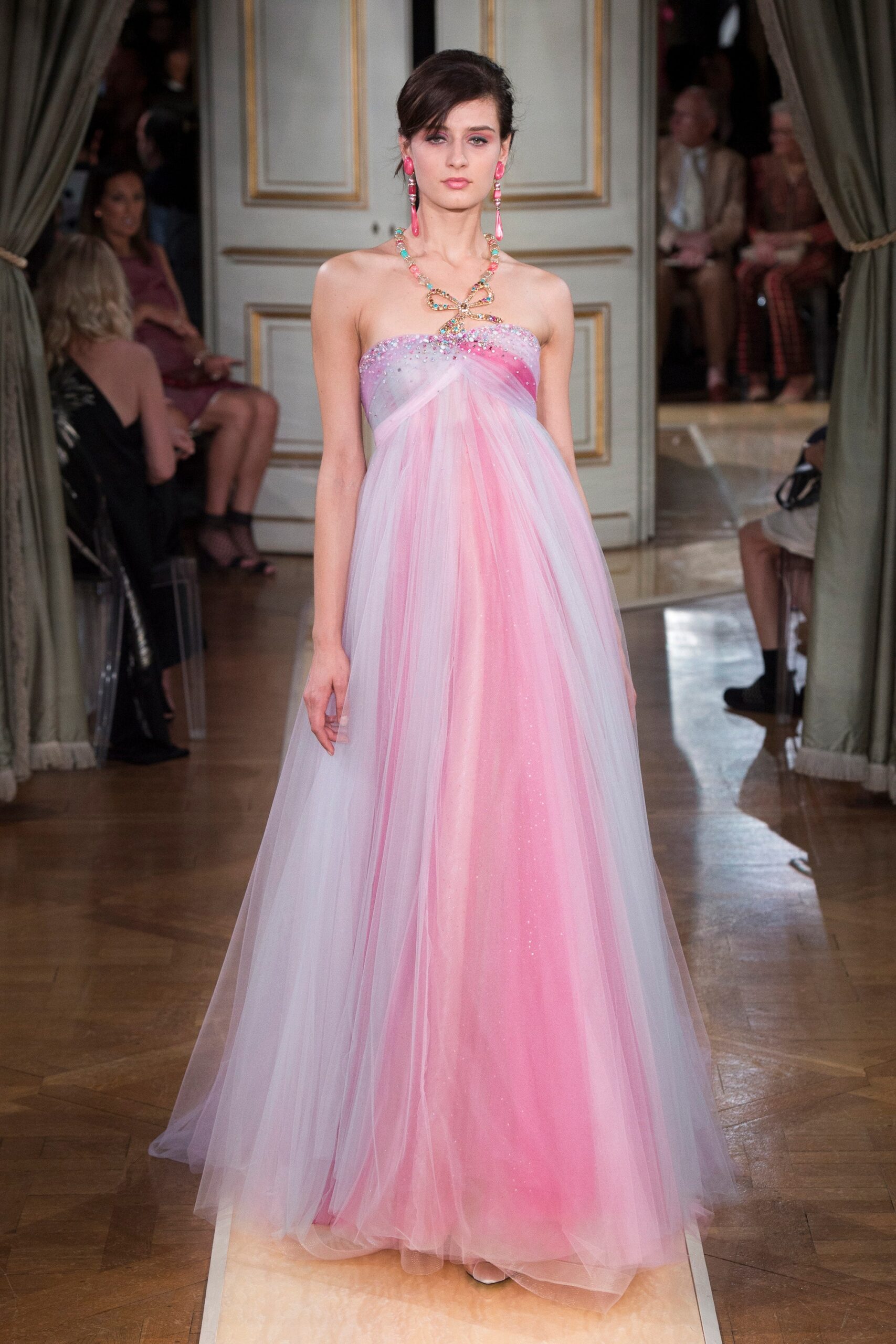 pink and blue strapless gown