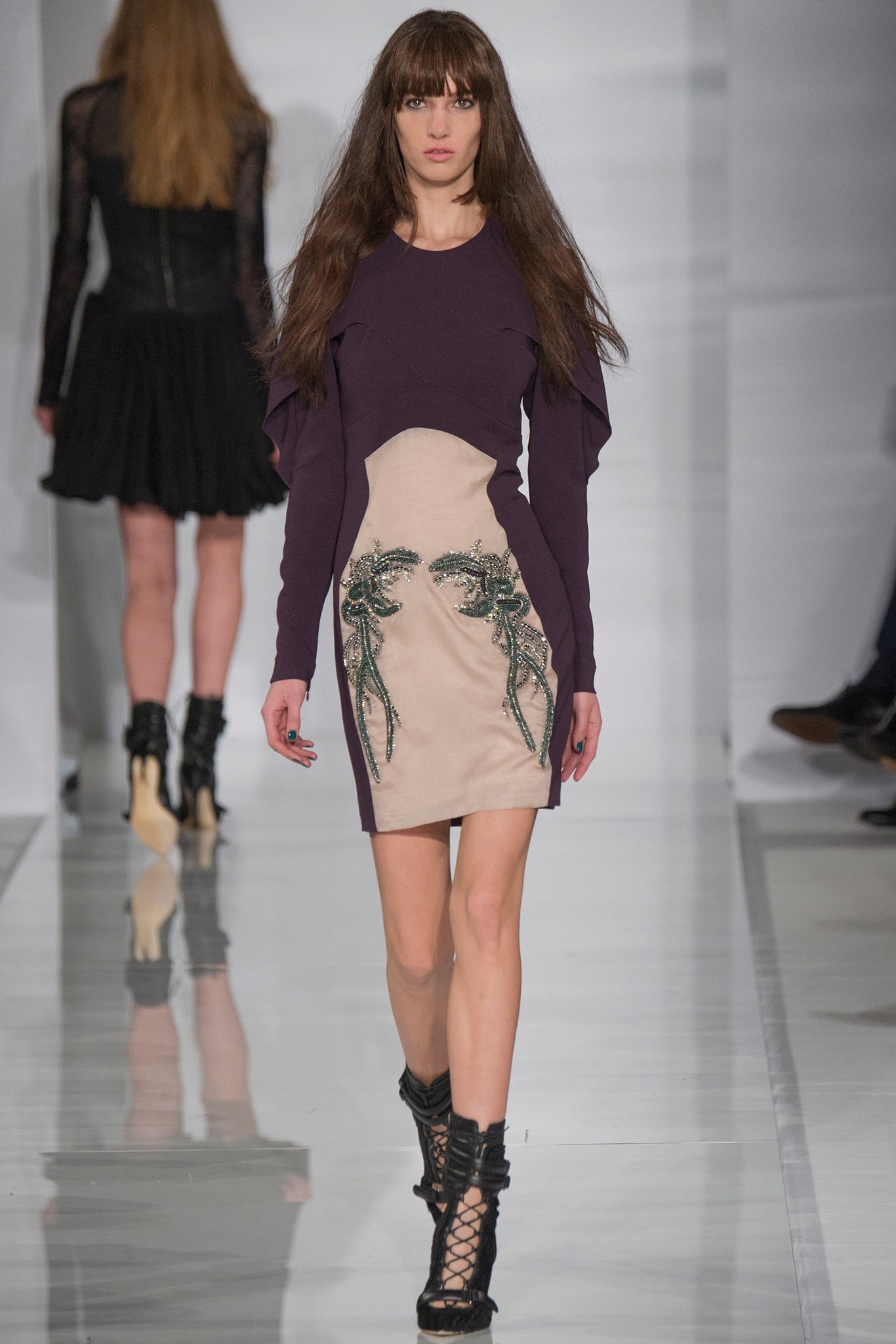 purple and beige fitted dress