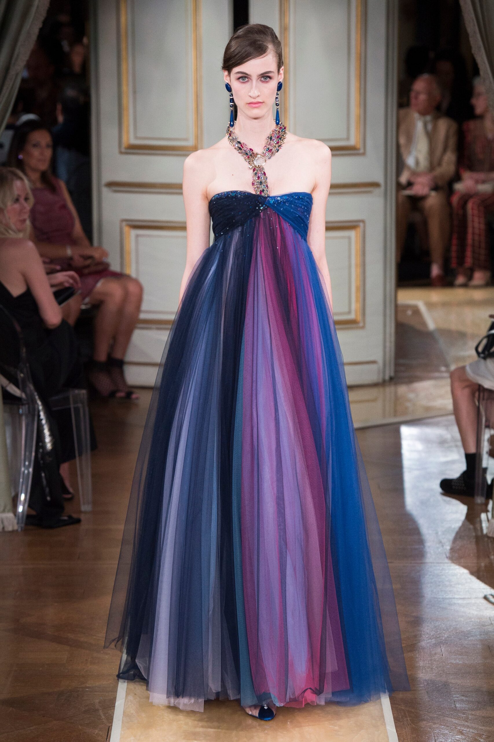 strapless layered tulle gown