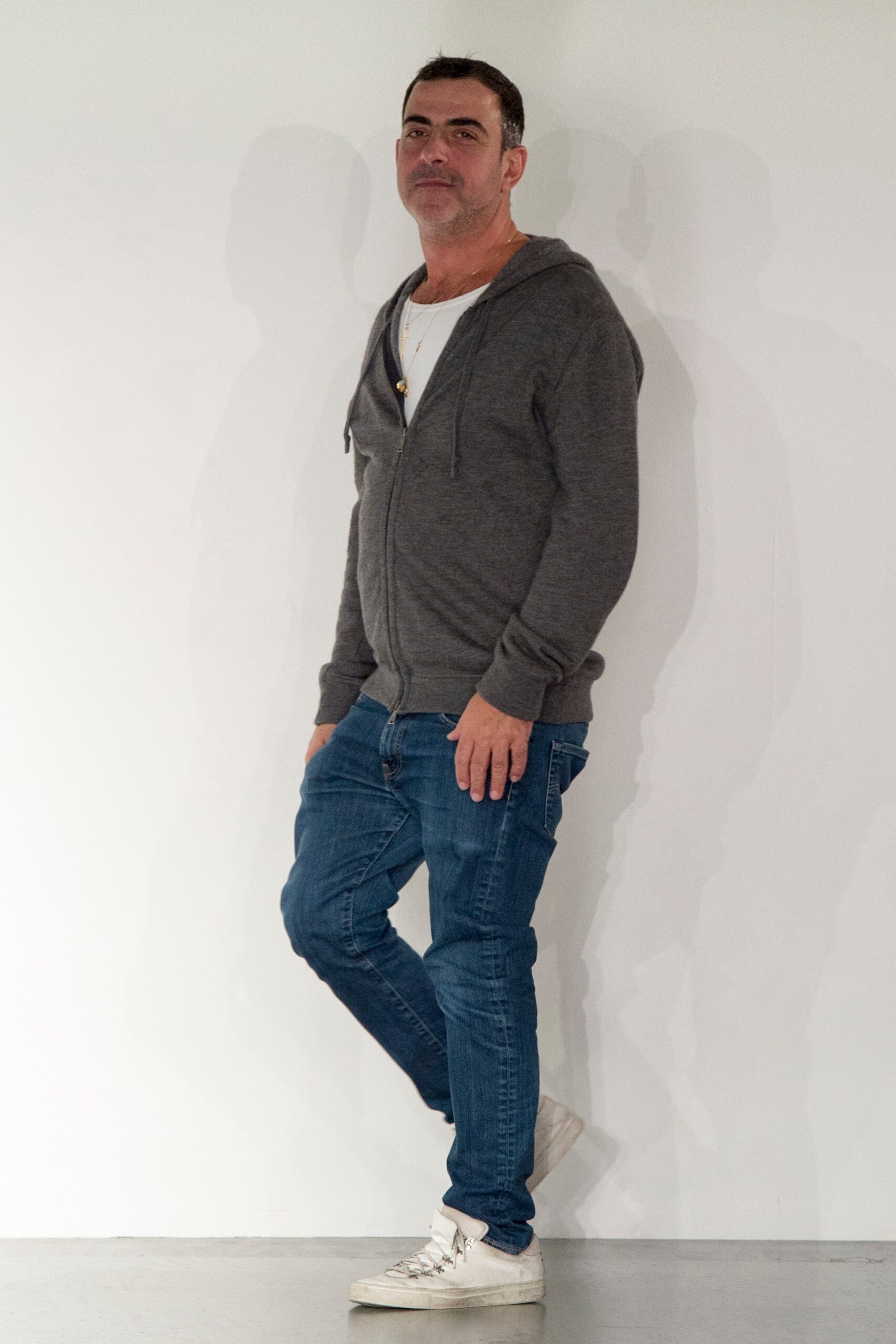 gray hoodie with white t-shirt