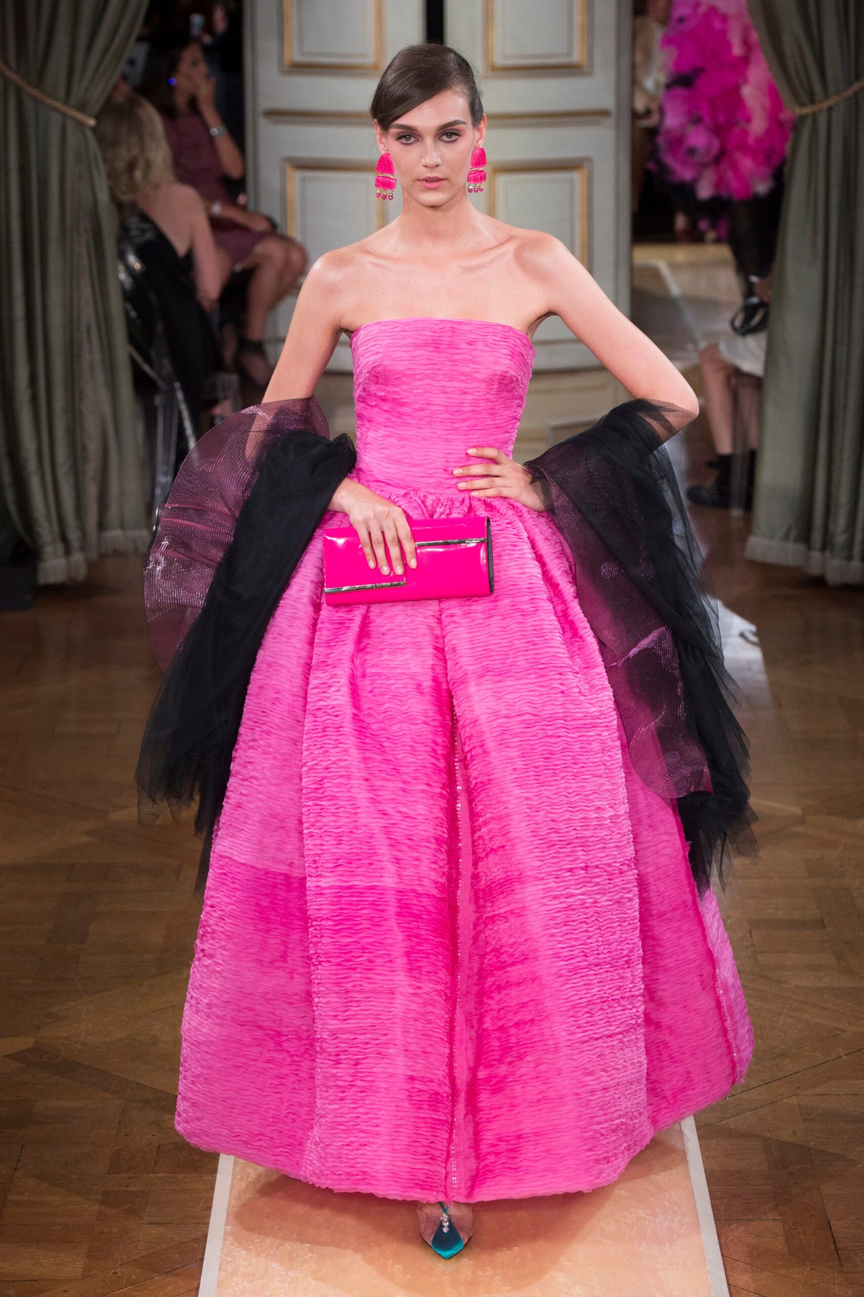 pink pleated strapless gown