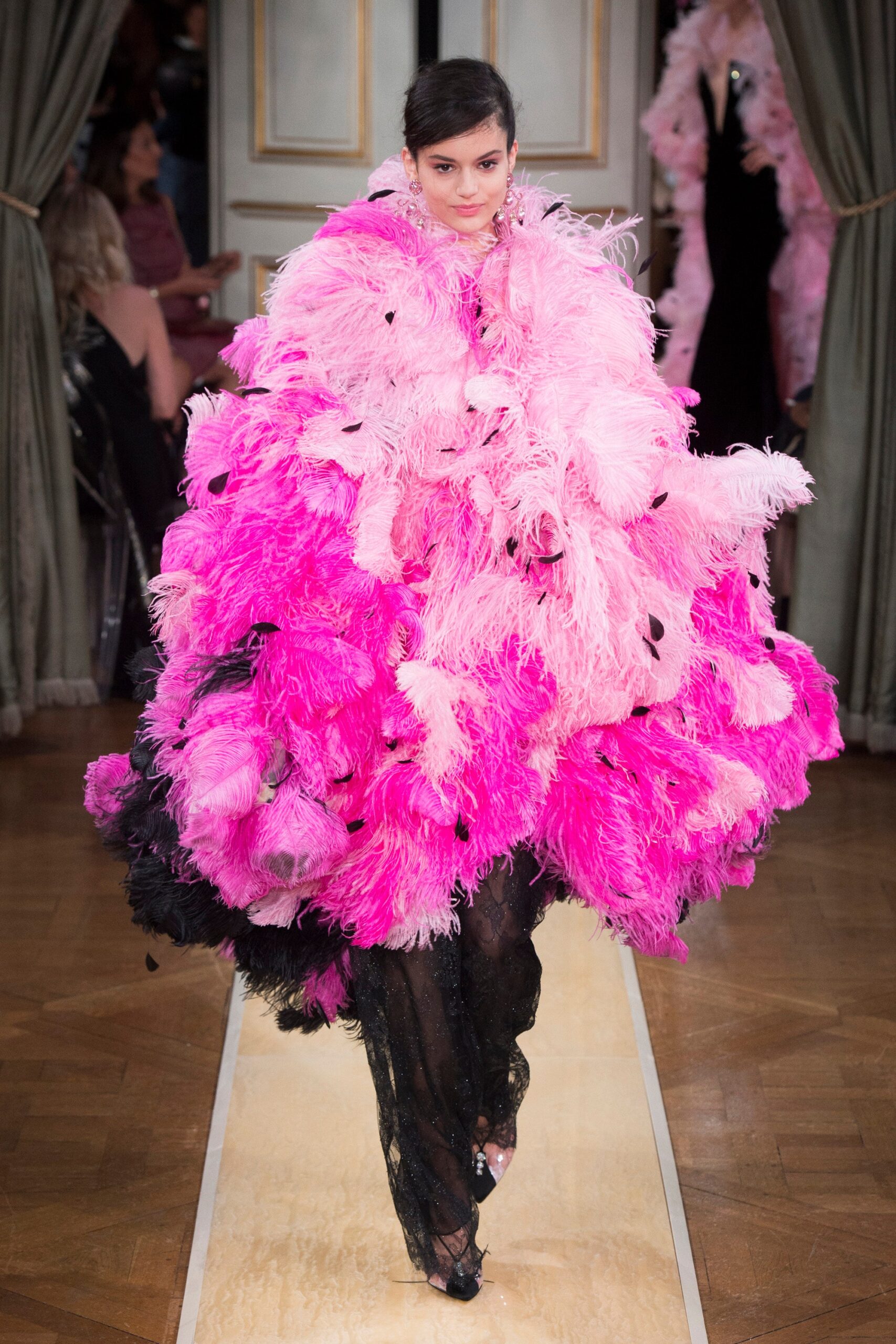 pink fur oversized cape with black dress