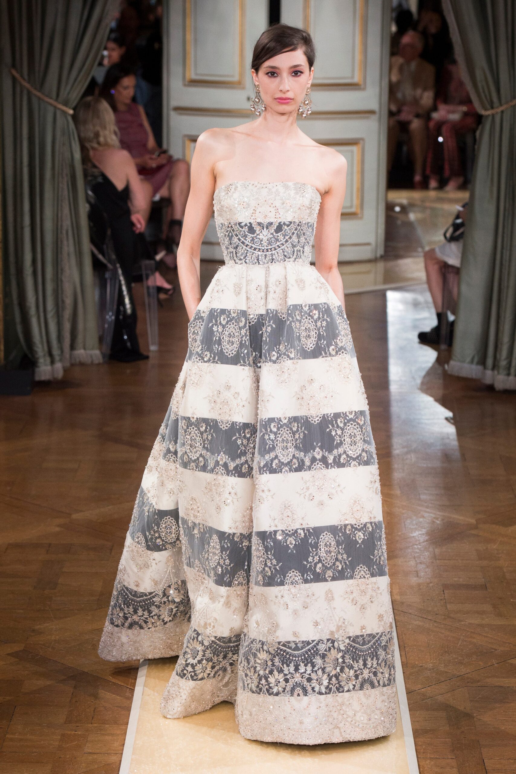 gray and white embroidered gown