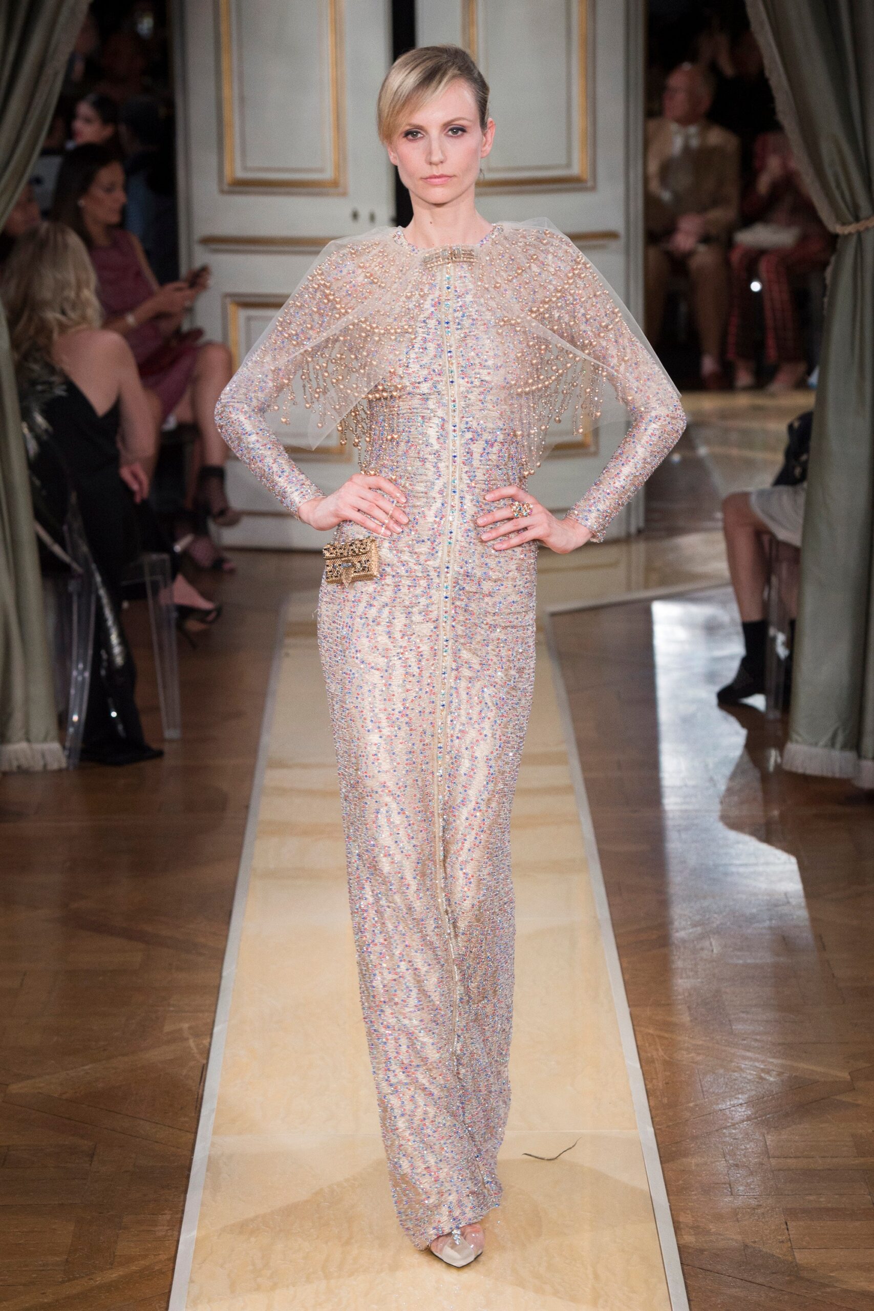gold sequined long-sleeve gown