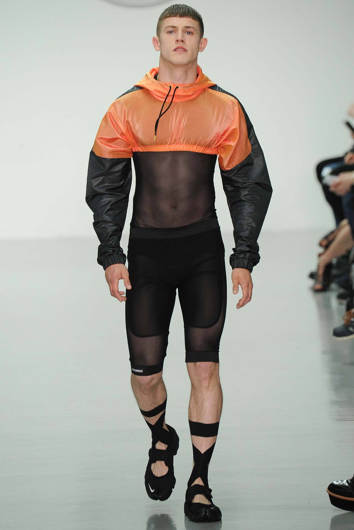 orange mesh long-sleeve hooded fitted zippered sheer hoodie