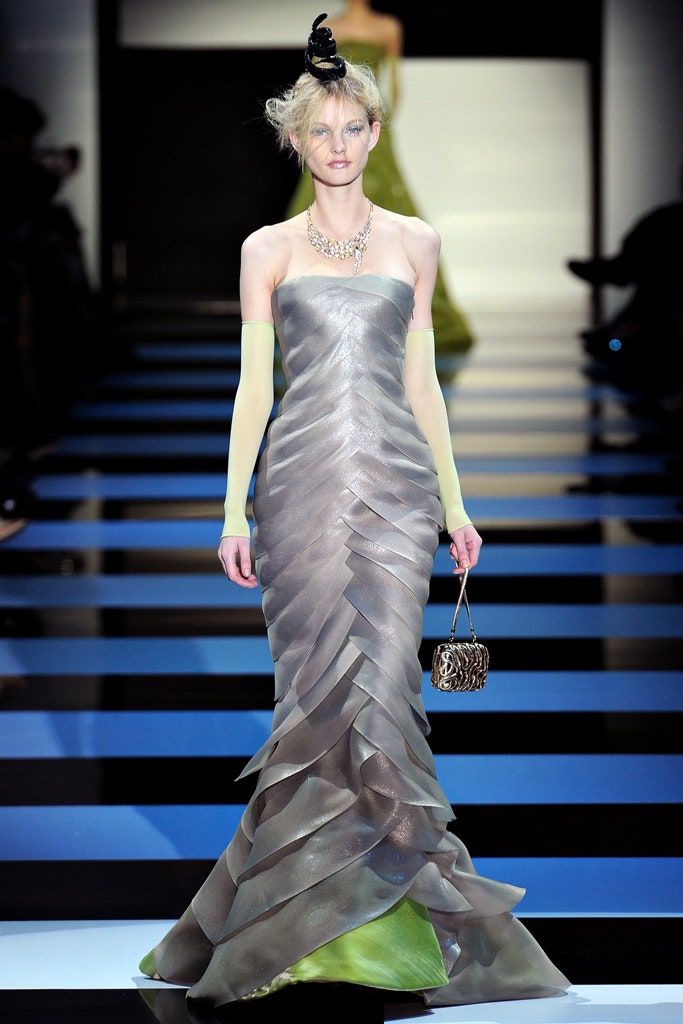 gray silk draped gown