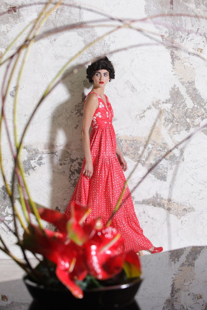 red polka-dot maxi dress