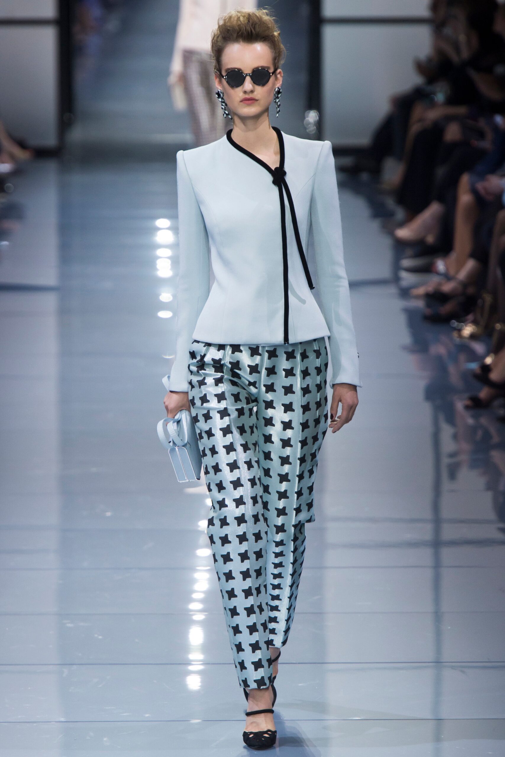 blue silk blazer and printed pants