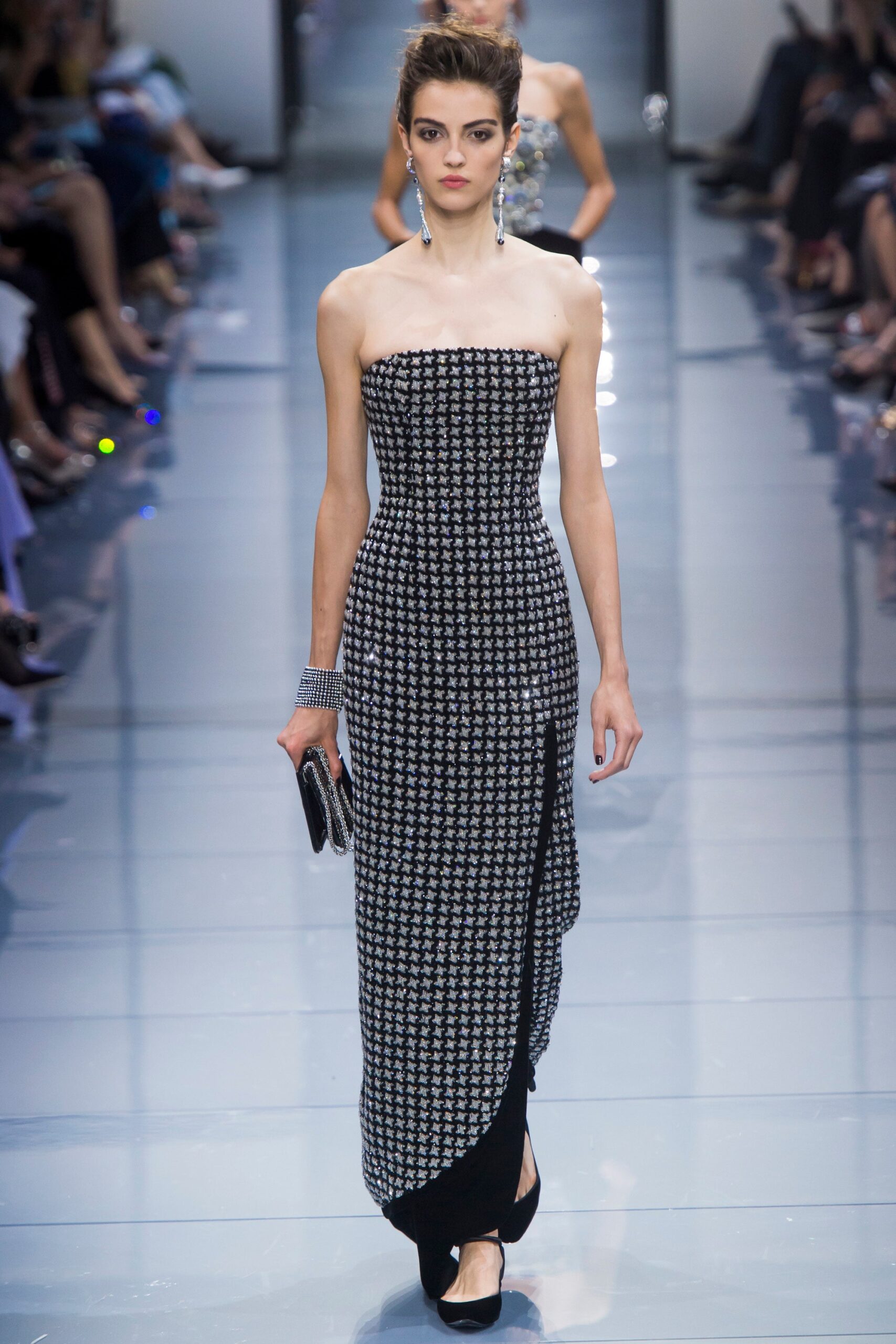 black and white printed strapless gown