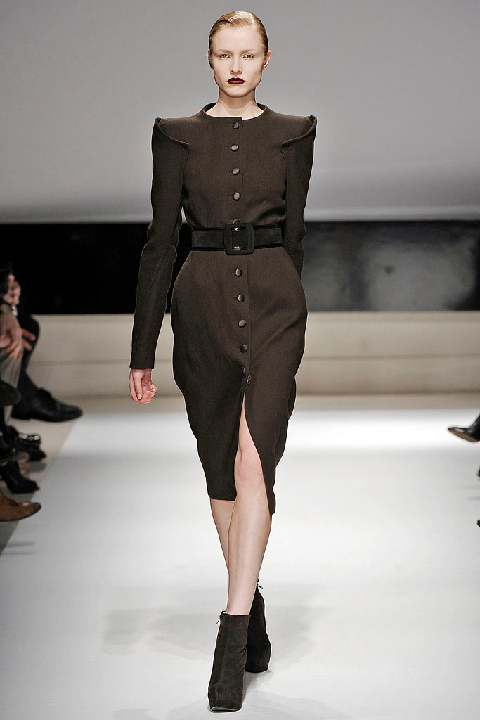 fitted brown wool midi dress