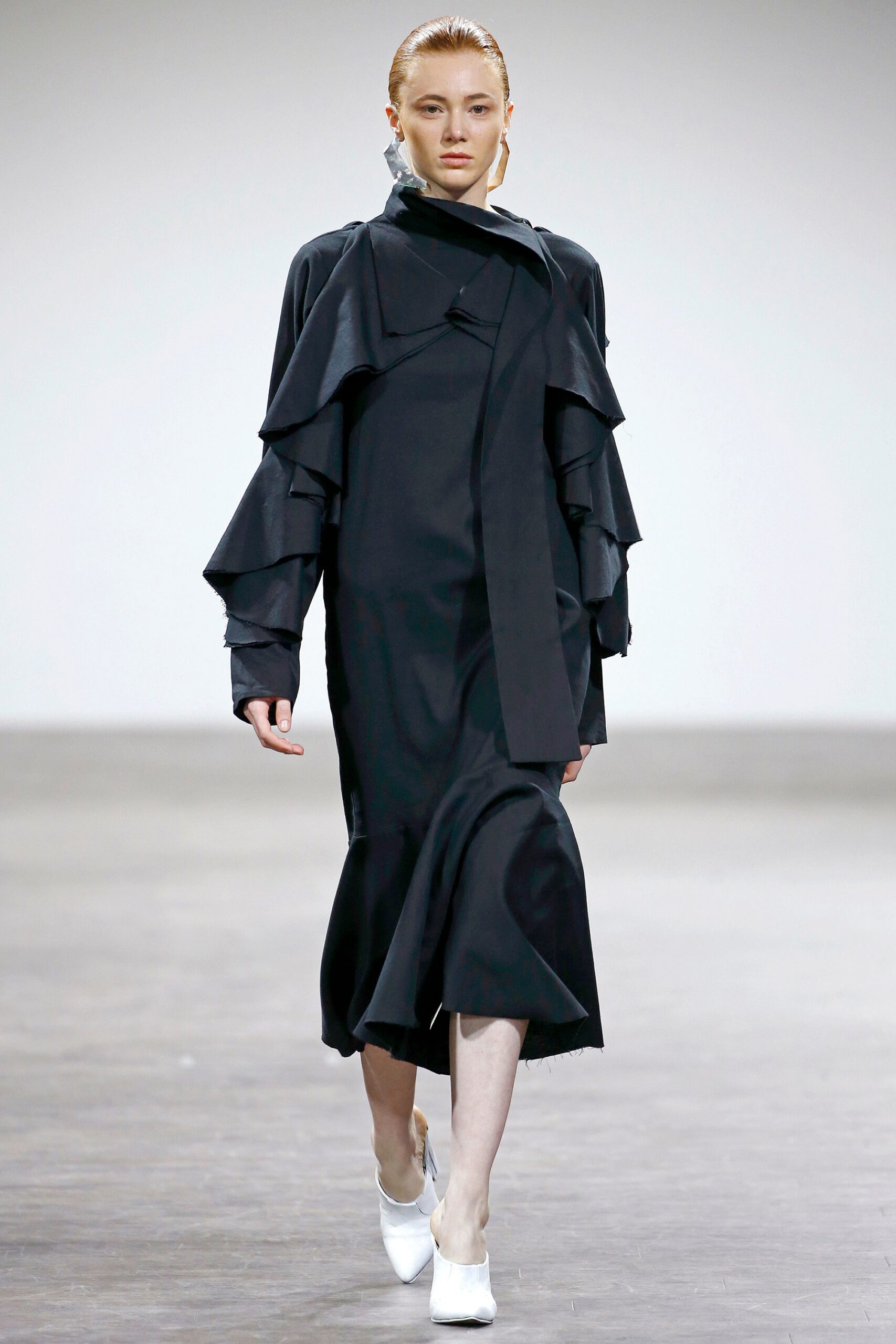 black asymmetric ruffled midi dress