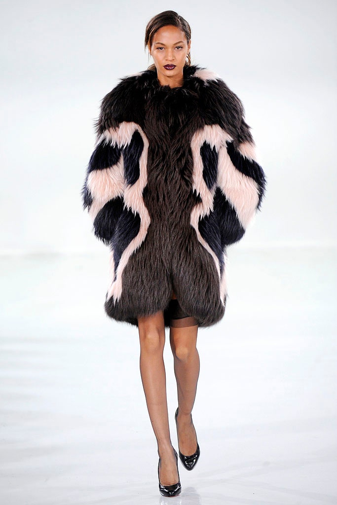 black pink fur coat and black dress
