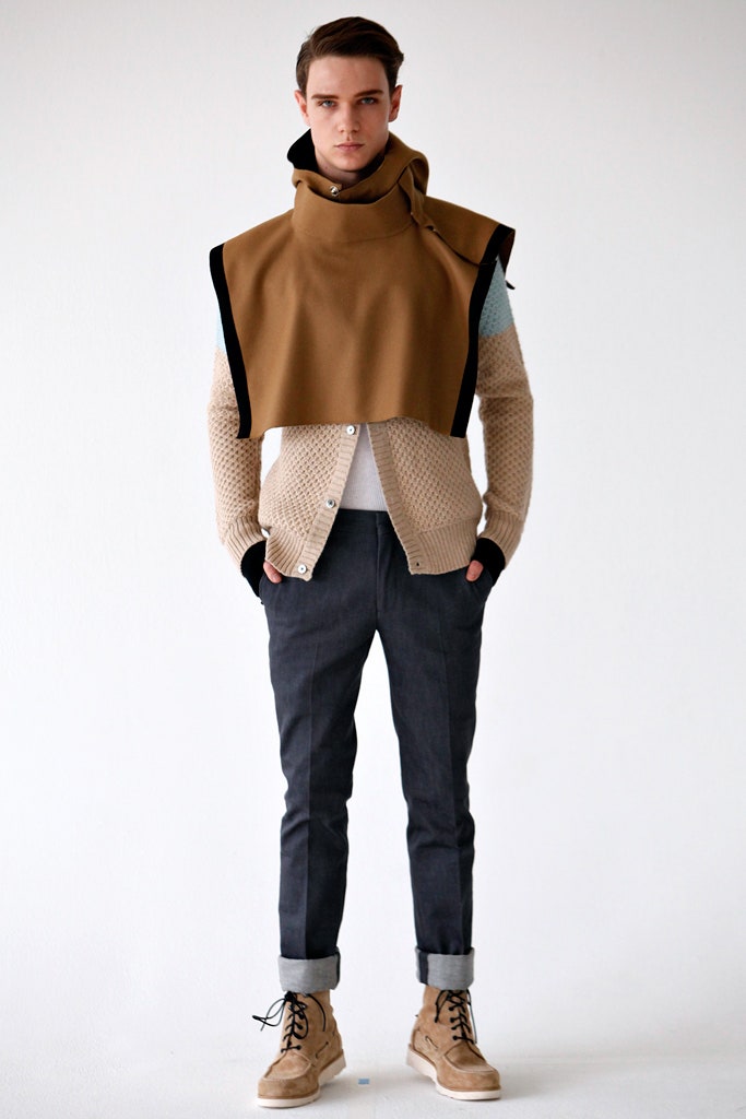 brown wool cape with beige cardigan