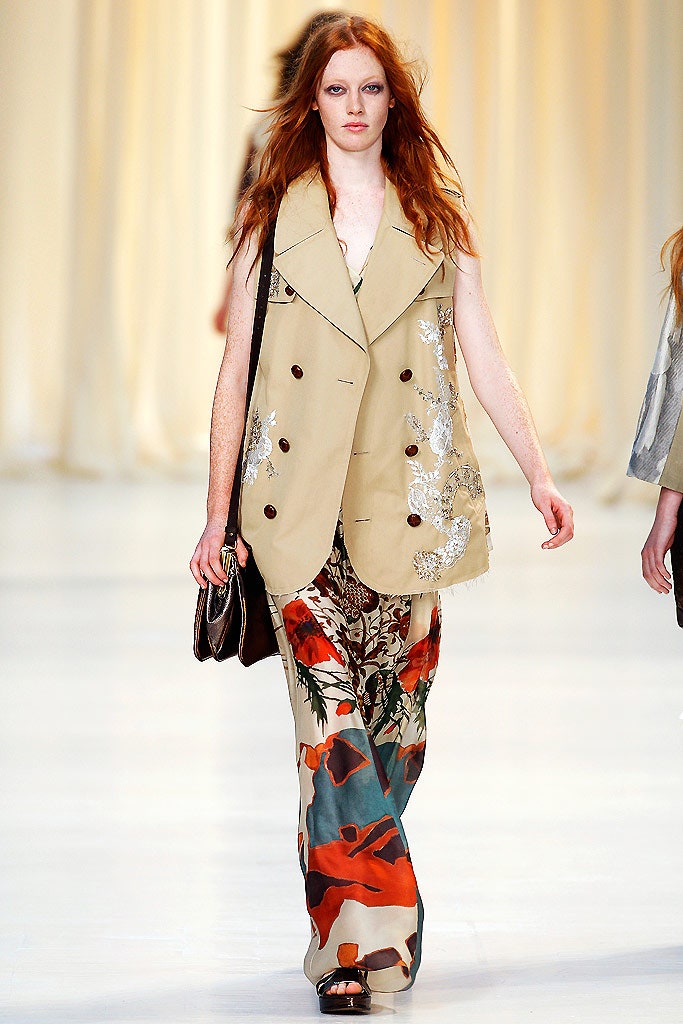 beige vest with embroidered maxi dress