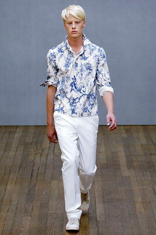 blue and white printed shirt with white pants