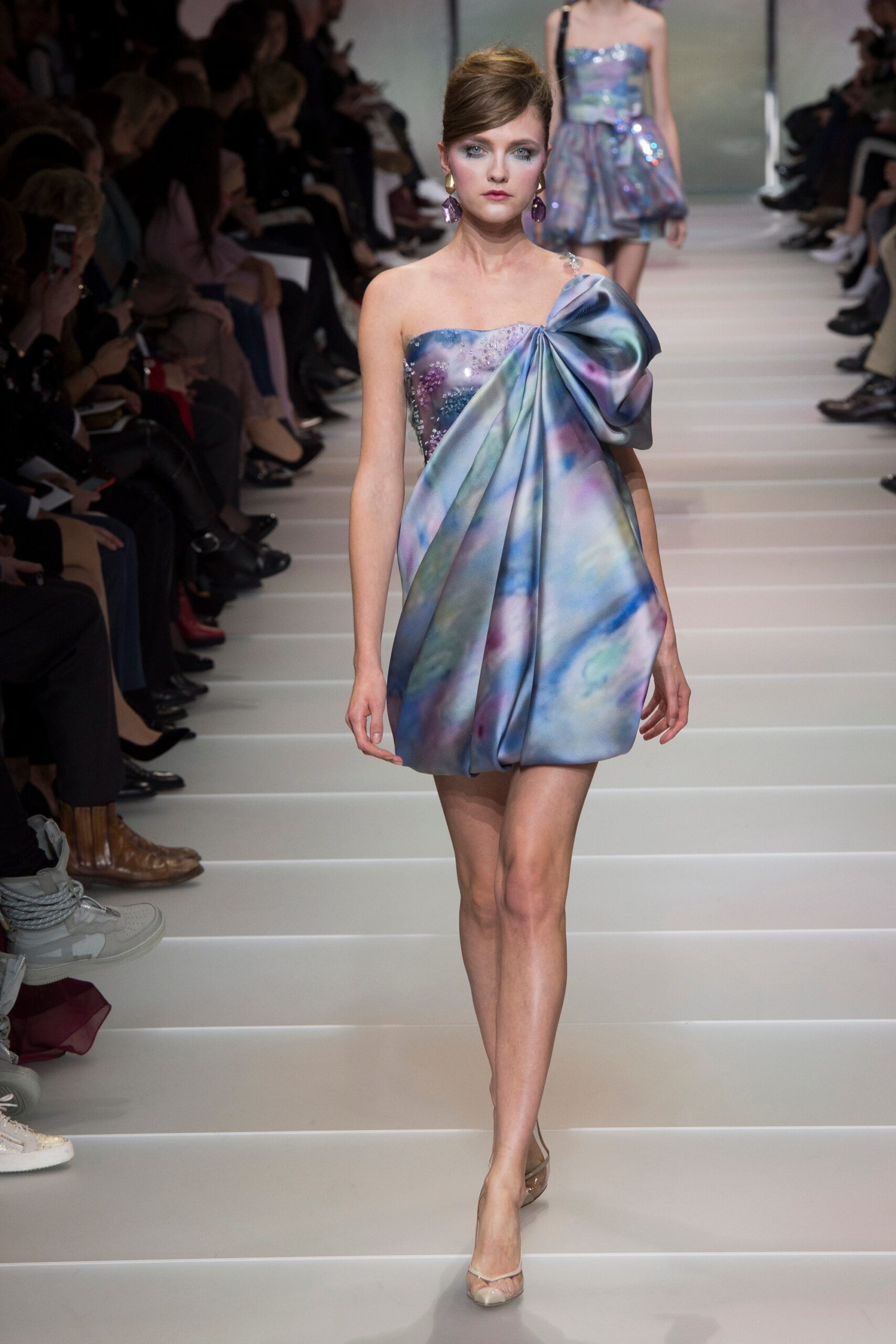 blue purple draped mini dress