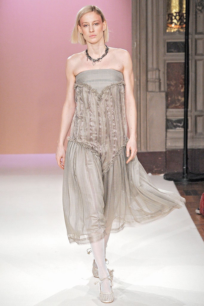 gray silk strapless dress