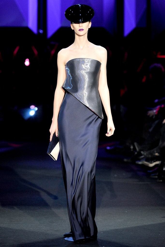 black and blue strapless gown