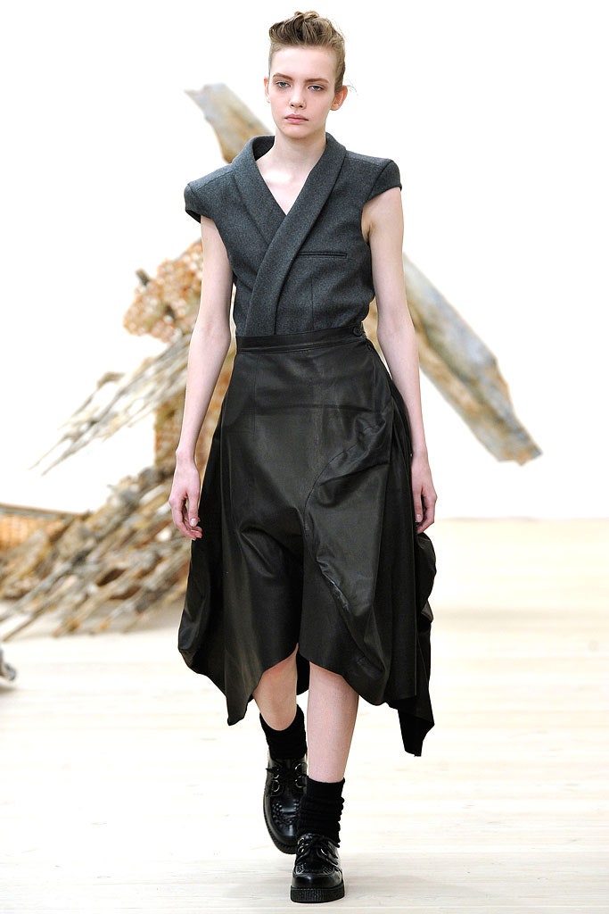 black leather asymmetric dress and gray top