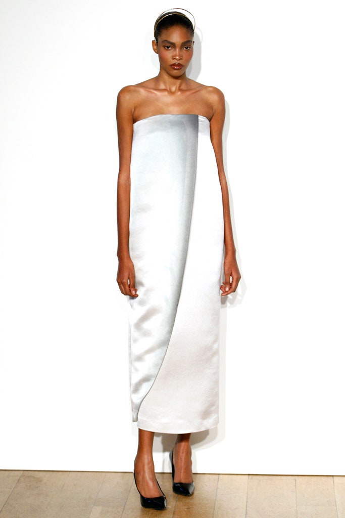 white satin strapless asymmetric shiny maxi maxi-dress